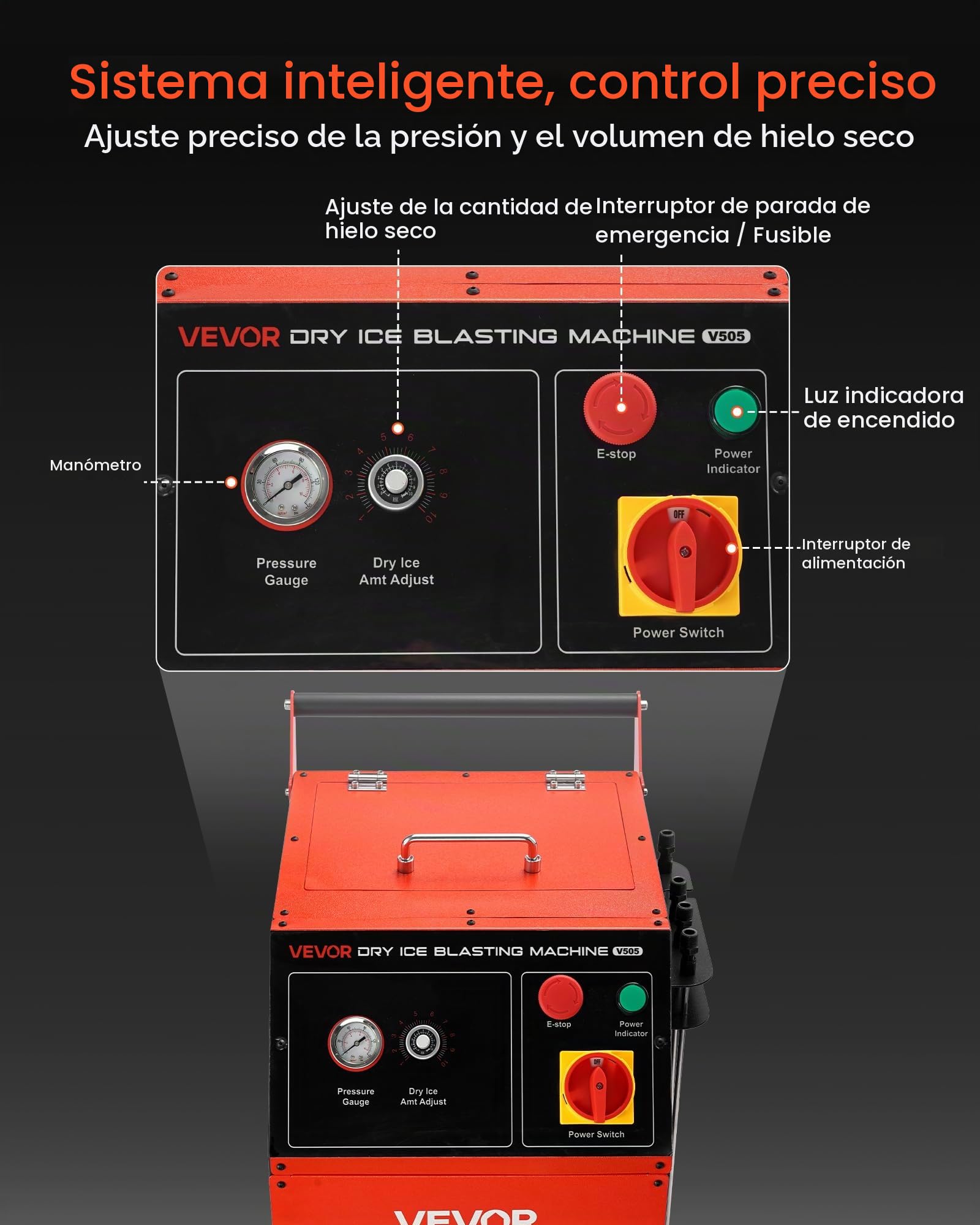 VEVOR Máquina de Limpieza con Hielo Seco, Capacidad de 5 kg, con 4 Boquillas, Presión y Cantidad de Hielo Seco Ajustables, para Aplicaciones Automotrices, Navales, de Aviación y Químicas, Negro