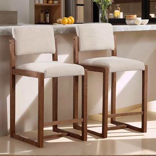 LukeAlon Juego de 2 taburetes de mostrador de lino, tapizados de 26 pulgadas de altura de asiento, taburetes de bar con patas de madera, sillas de
