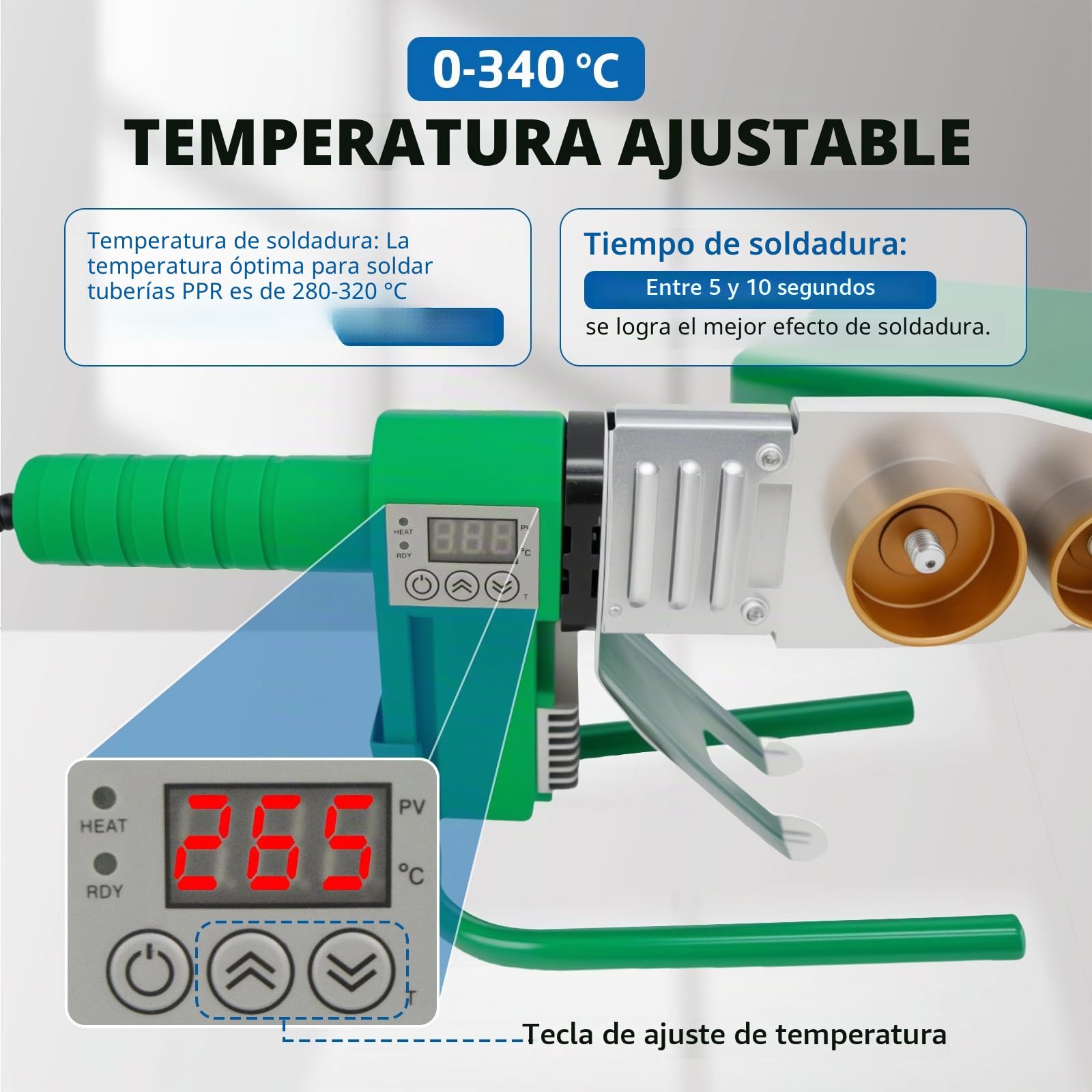 Soldadora de tubos de 2000W, soldador de tubos con pantalla digital, soldador de plástico (20-25-32-40-50-63mm), soldador de tubos para PPR/PB/PE/PERT, 150°C~340℃, para conexiones de tubos estables y