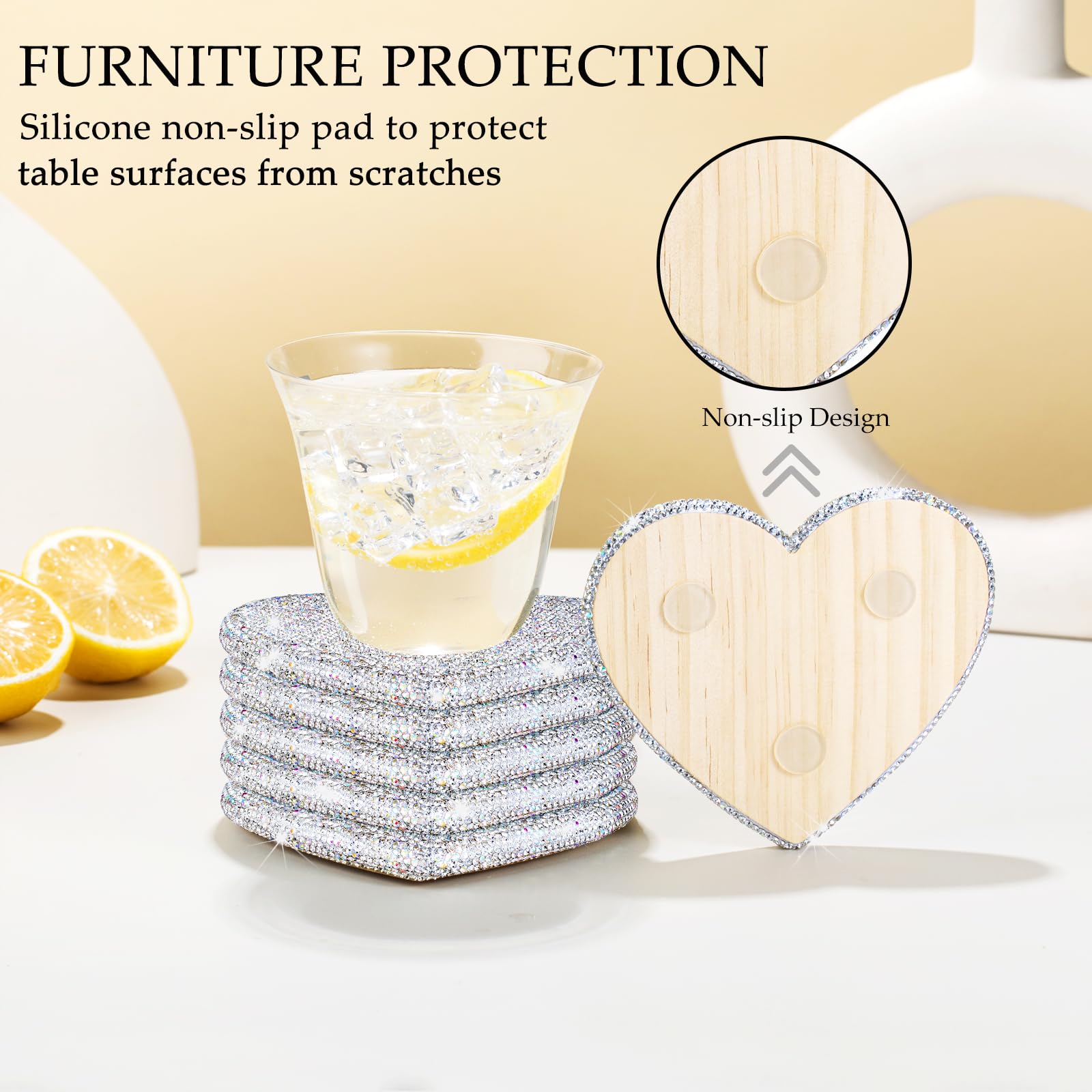 Bling Herzförmige Untersetzer, Set mit 6 Strasssteinen, Diamant-Trinkuntersetzer für Couchtisch, Kristall-Tassenmatte für heiße oder kalte Getränke, verdickt, rutschfest, Herz-Geschenke, glitzerndes