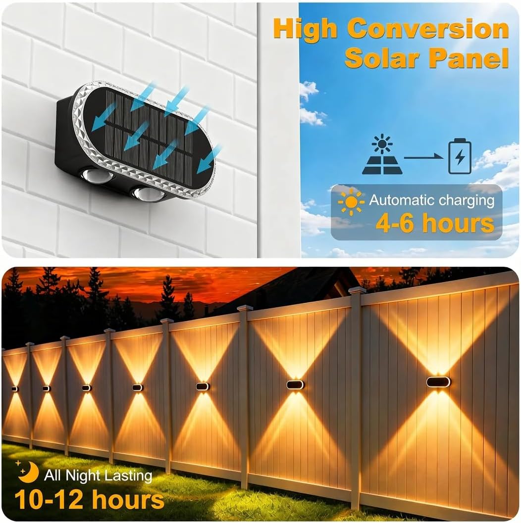 Solar Fence Lights Outdoor: IP65 Waterproof Wall Lighting with Dual Focused LED Up Down - 3000K/4000K/6000K 10-12H Lasting - Easy to Install for Backyard Patio Porch 8 Pack