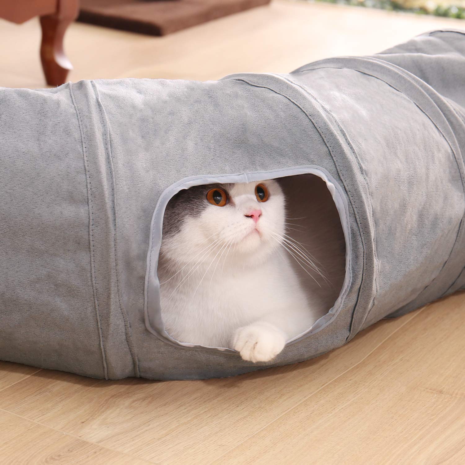 OHANA S Forme Jouet Tunnel pour Chat en Daim, Grand Tunnel a Chat Pliable avec 2 Trous et Boule Suspendue pour Chats Chatons Lapins Dia27 * 117cm