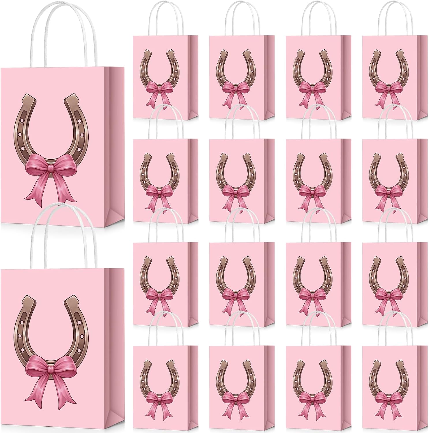 Kolldenn 24 Pcs Cowgirl Gift Bags with Bow Pink Western Theme Horseshoe Party Bags Horseshoe Print Goodies Bag for Western Party Rustic Wedding Cowboy Cowgirl Birthday Decoration Supplies