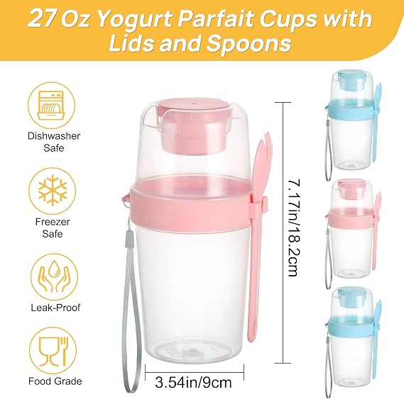 Vtopmart Yogurt Parfait Cups, 4 Pack, 27oz, with Lids & Spoons