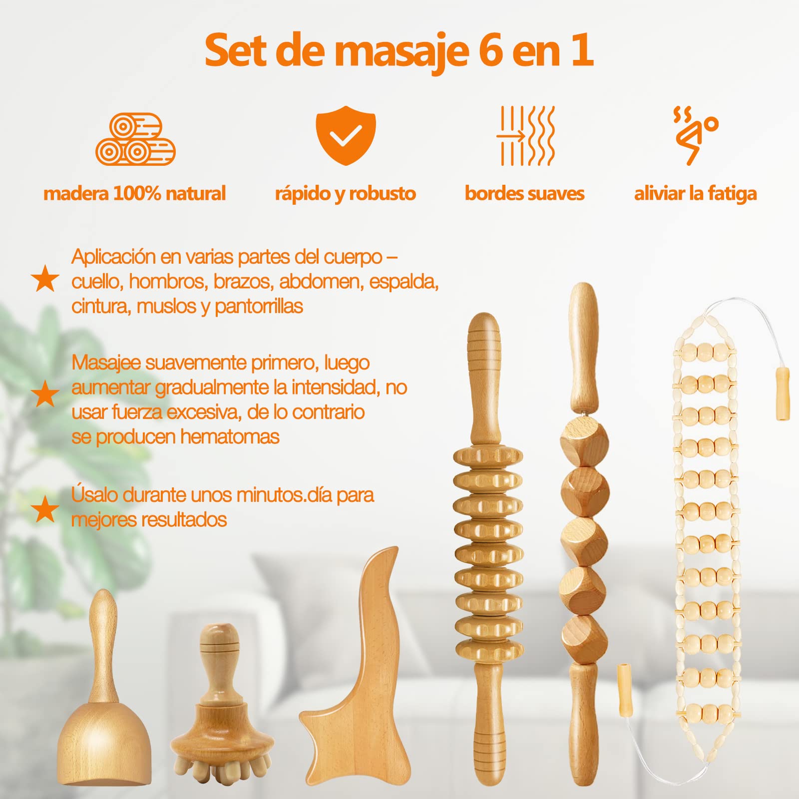 Set de 6 Kit Maderoterapia Corporal, Masajeador Anticelulitico, Copa Sueca Maderoterapia, Champiñones, Rodillo Masaje Muscular, Rodillo de cubos, guasha wood stick, Cadena de Masaje,faszienrolle holz