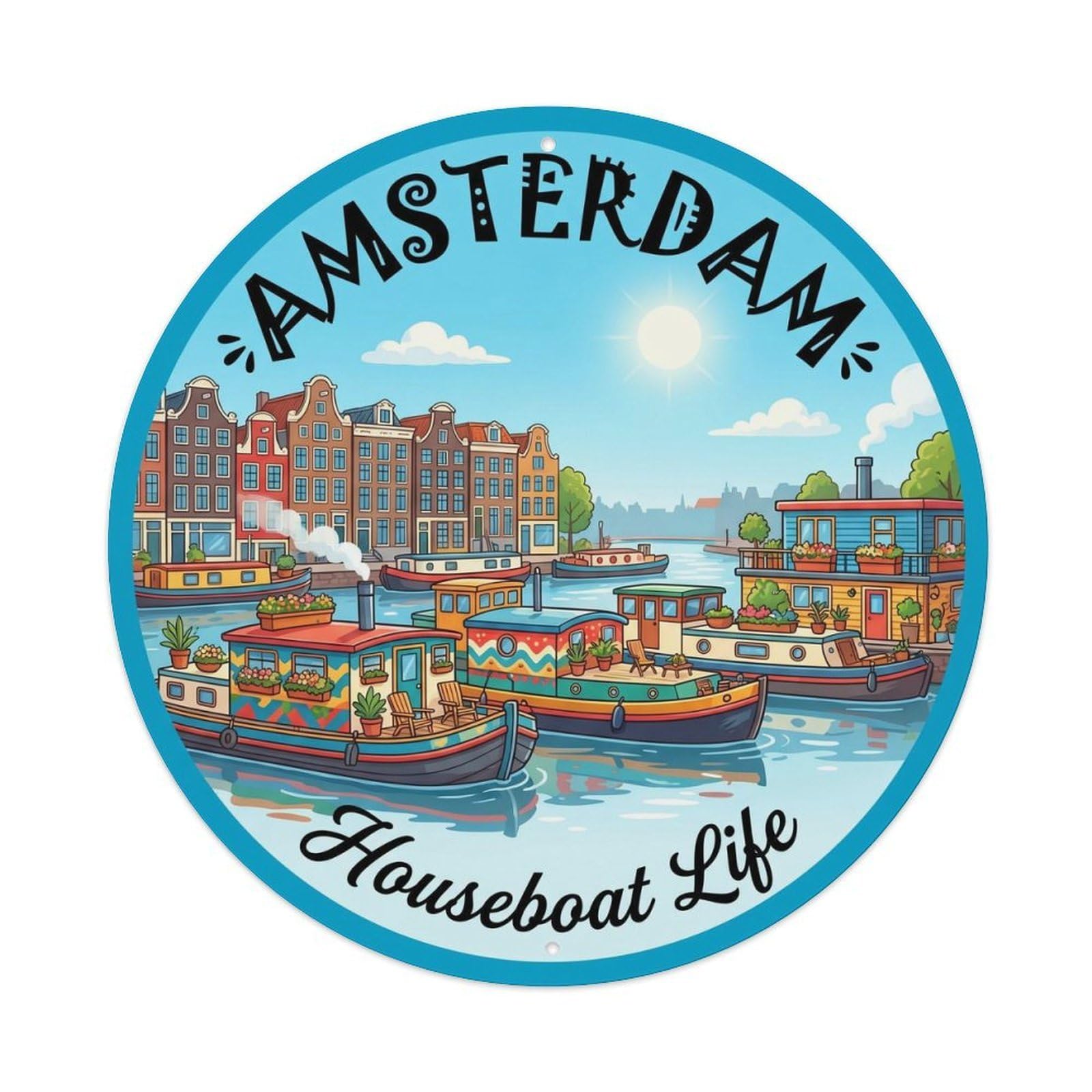 Vintage Travel Amsterdam Houseboat Living Metal Tin Sign Plaque