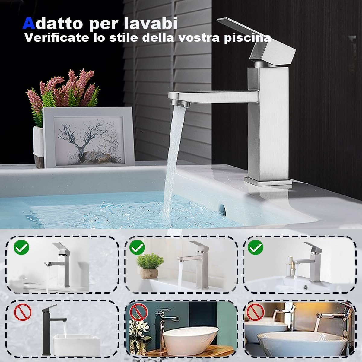 XWIHTR miscelatore bagno caldo e freddo in acciaio inox con cursore ceramico silenzioso, monocomando, miscelatore lavabo misto a risparmio idrico per bagni, lavabi, piccole cucine, ecc. (Spazzolato)