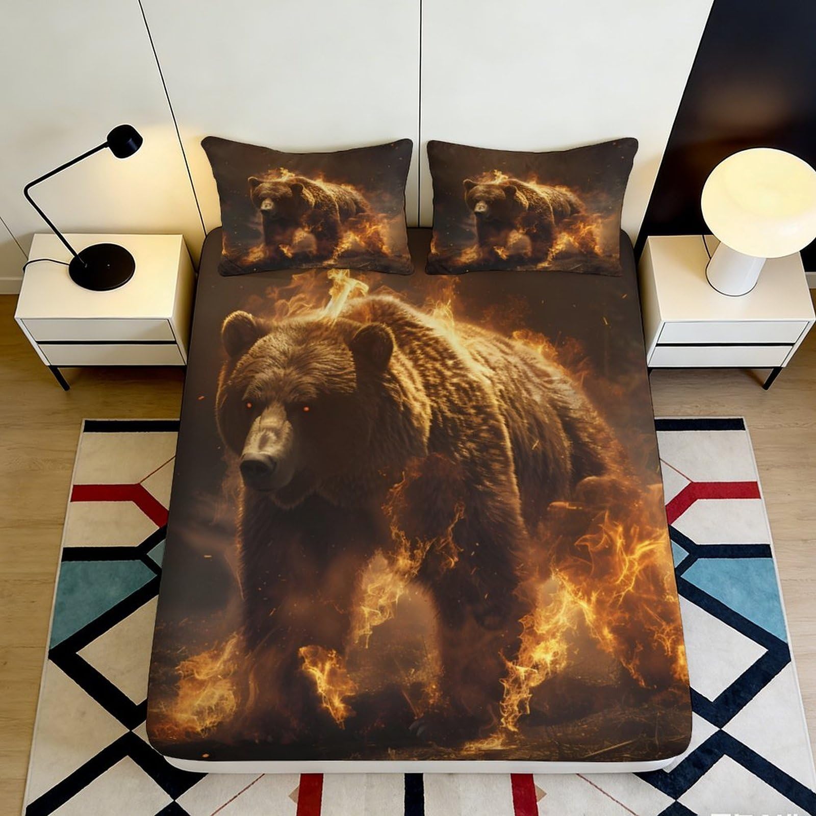 3D Printed Bear Forest Fitted Sheet Microfiber Deep Pocket Non-Slip Bedroom Bear Mattress Fitted Cover Washable 120x200x25cm