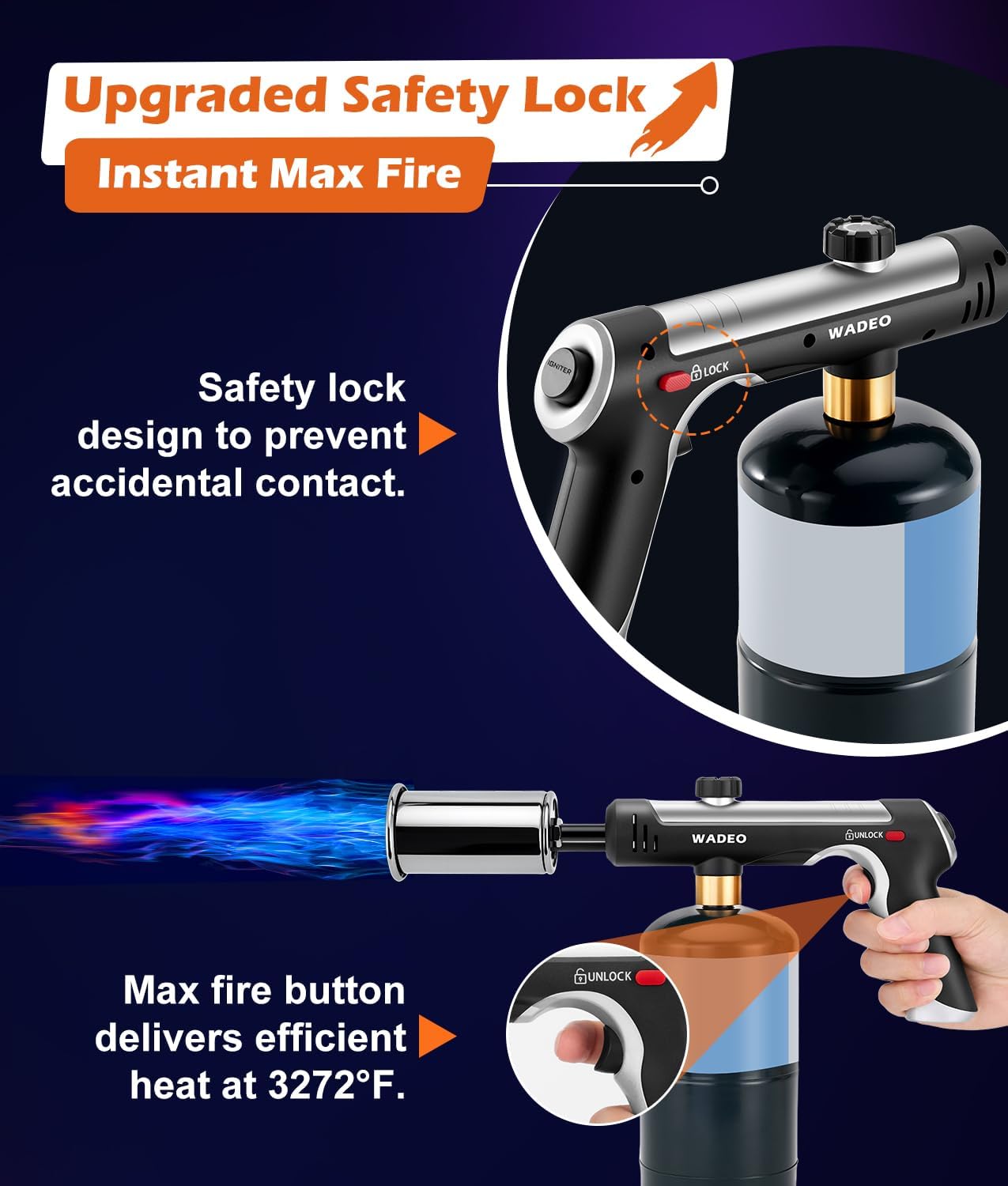 Powerful Propane Torch Gun with One-Touch Max Fire, Adjustable Flame Thrower Torch Charcoal Wood Campfire with Safety Lock, Cooking Blow Torch for Searing Steak, BBQ, Grill, (Tank Not Included)
