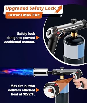 Powerful Propane Torch Gun with One-Touch Max Fire, Adjustable Flame Thrower Torch Charcoal Wood Campfire with Safety Lock, Cooking Grill Blow Torch for Searing Steak, BBQ, Grill, (Tank Not Included)