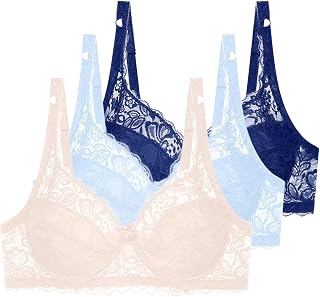 3-Pack Women's Push Up Sexy Unlined Underwire Lace Bras, Plus Size Full-Coverage Lifting T-Shirt Bra for Everyday Wear