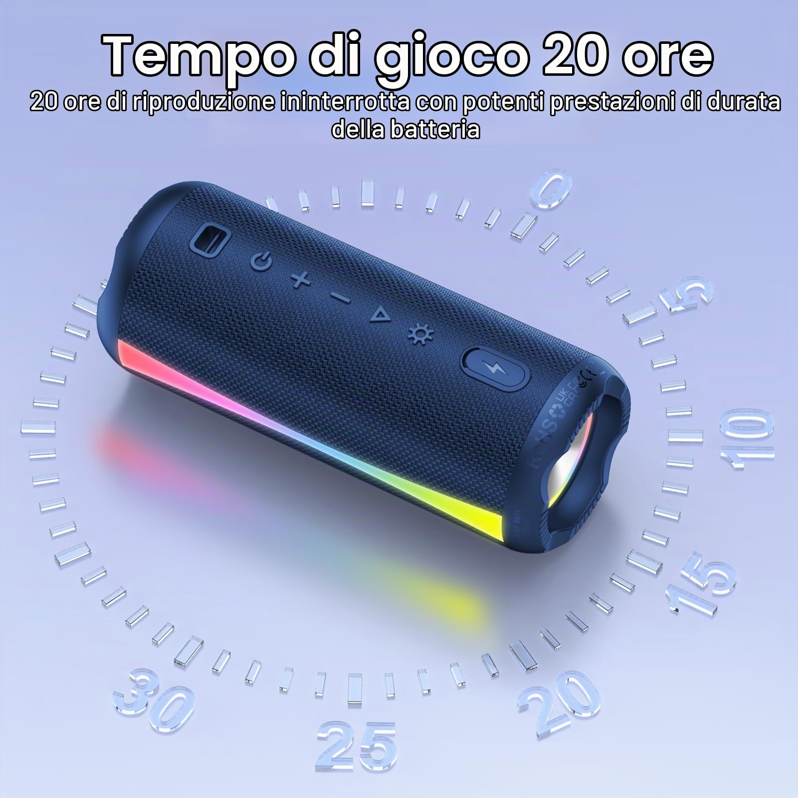 Cassa Bluetooth Portatile Potente 20W, Altoparlante Bluetooth 5.4 con HD Microfono, Luce RGB, Accoppiamento TWS, 20 Ore, Audio HiFi Stereo, IP7 Impermeabile Bluetooth Speaker per Outdoor, USB-C, Blu
