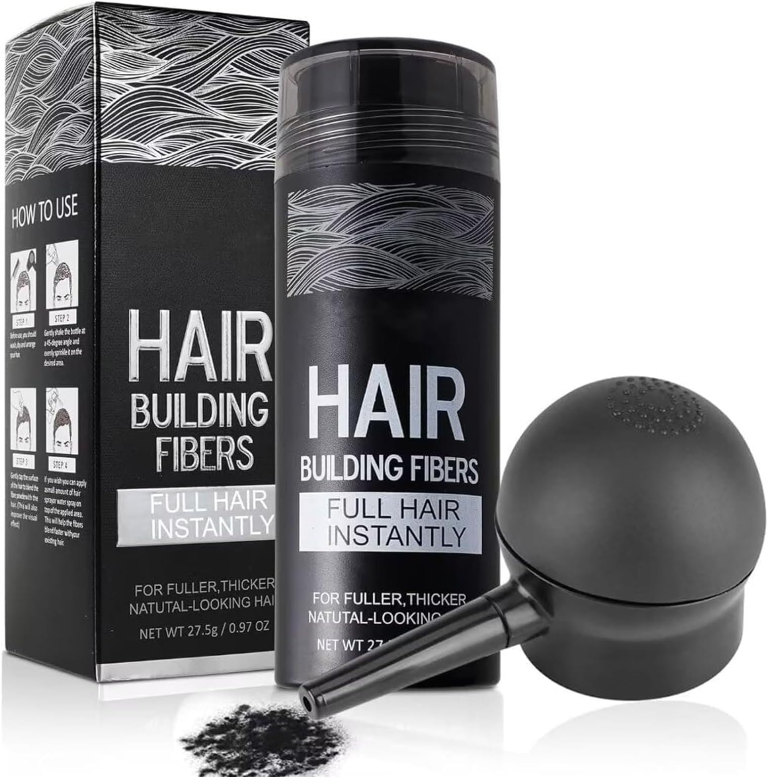 Hair Building Fibers for Thinning Hair with Spray Applicator Pump Nozzle - Natural & Undetectable,Instantly Thicker Fuller Hair Conceals Hair Loss 30 Sec,4 Shades for Men & Women,27.5g (Black)