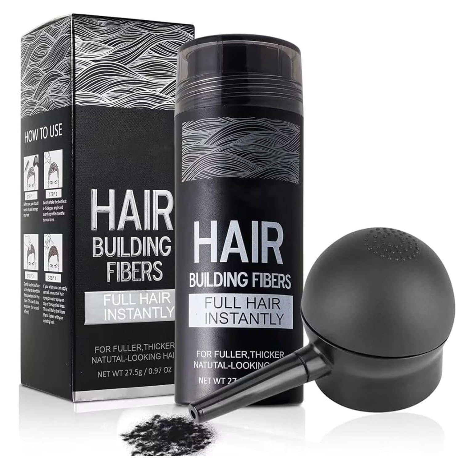 Hair Building Fibers for Thinning Hair with Spray Applicator Pump Nozzle - Natural & Undetectable,Instantly Thicker Fuller Hair Conceals Hair Loss 30 Sec,4 Shades for Men & Women,27.5g (Black)