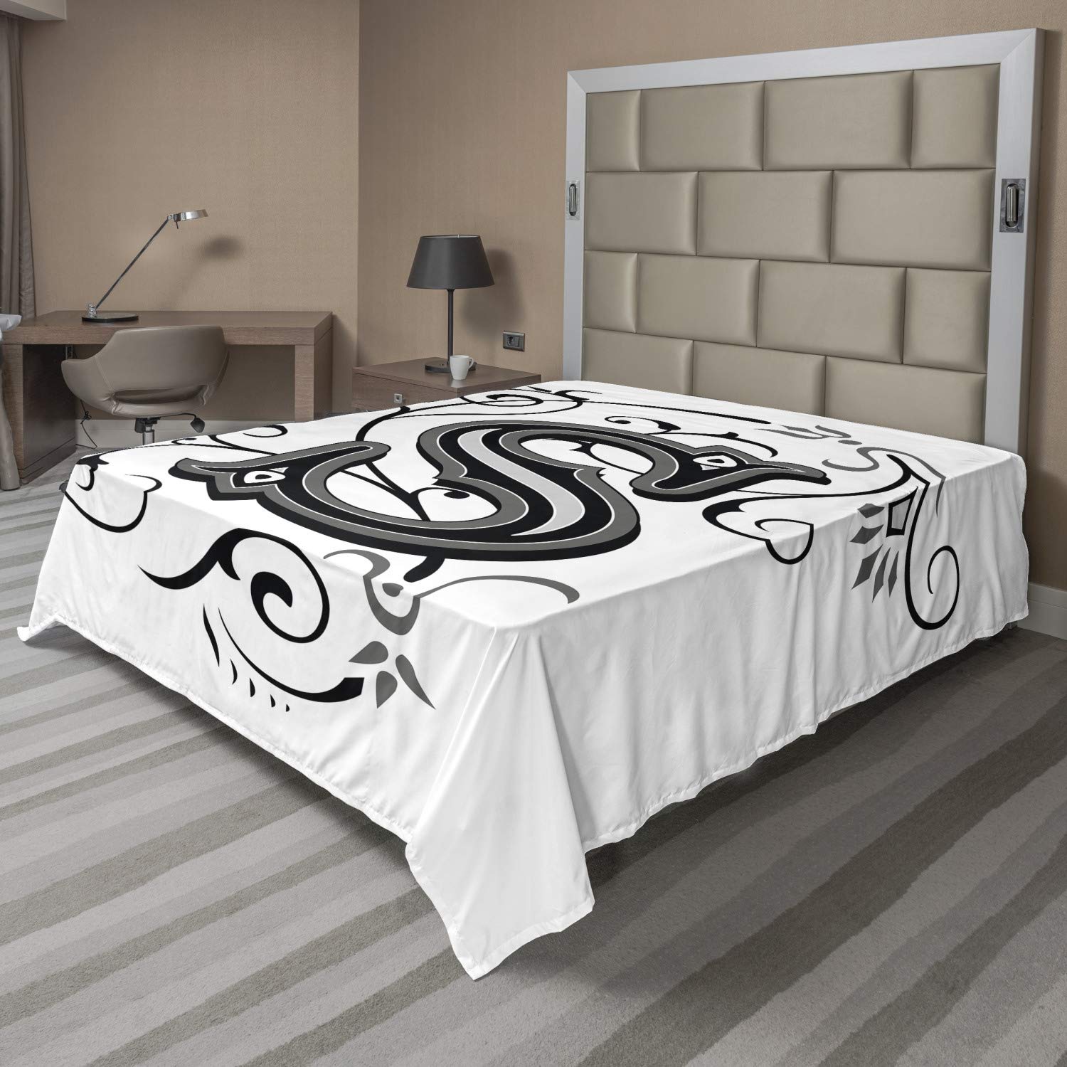 Ambesonne Letter S Flat Sheet, Monochrome Letter from Alphabet S Abstract Design Swirls and Other Shapes, Soft Comfortable Top Sheet Decorative Bedding 1 Piece, California King, Black Grey White
