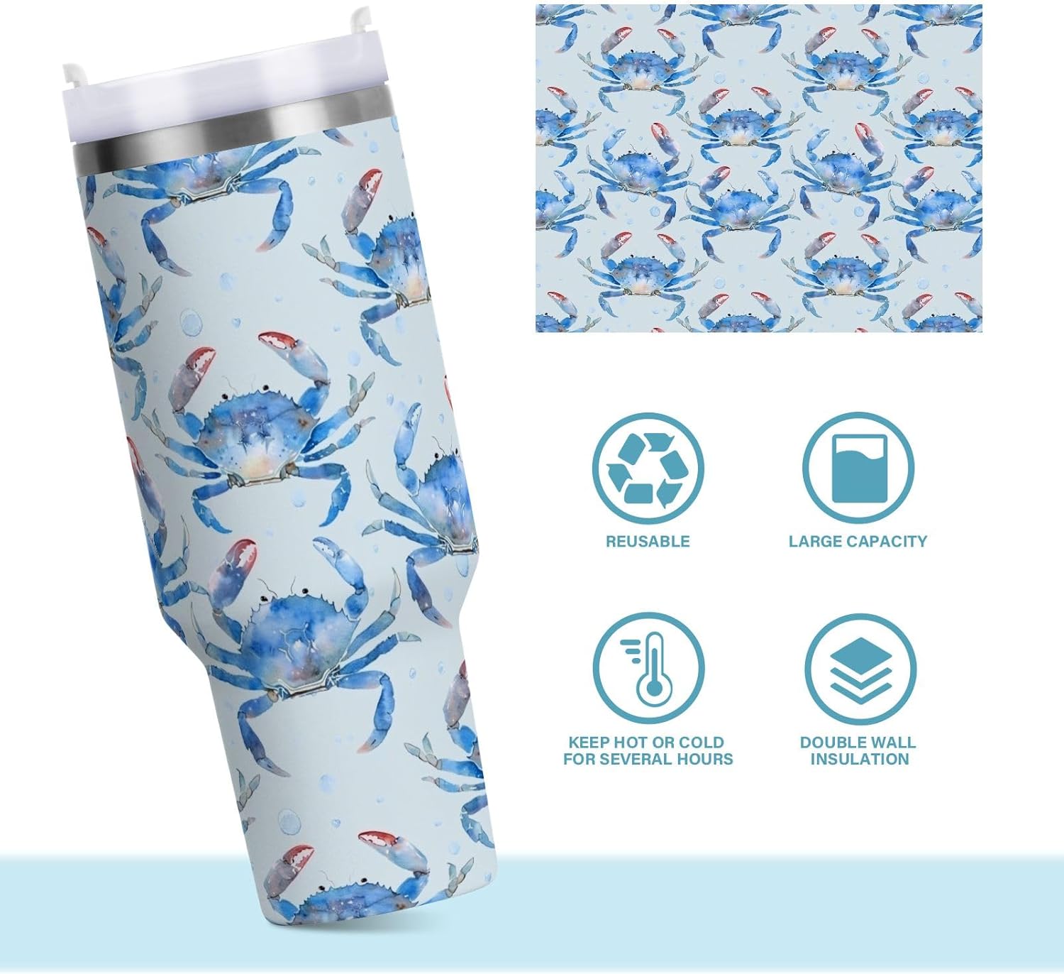 Light Blue Crabs Pattern Stainless Steel Tumbler with Handle and Straw, Water Bottle Reusable Insulated Travel Mug, 40 Ounces