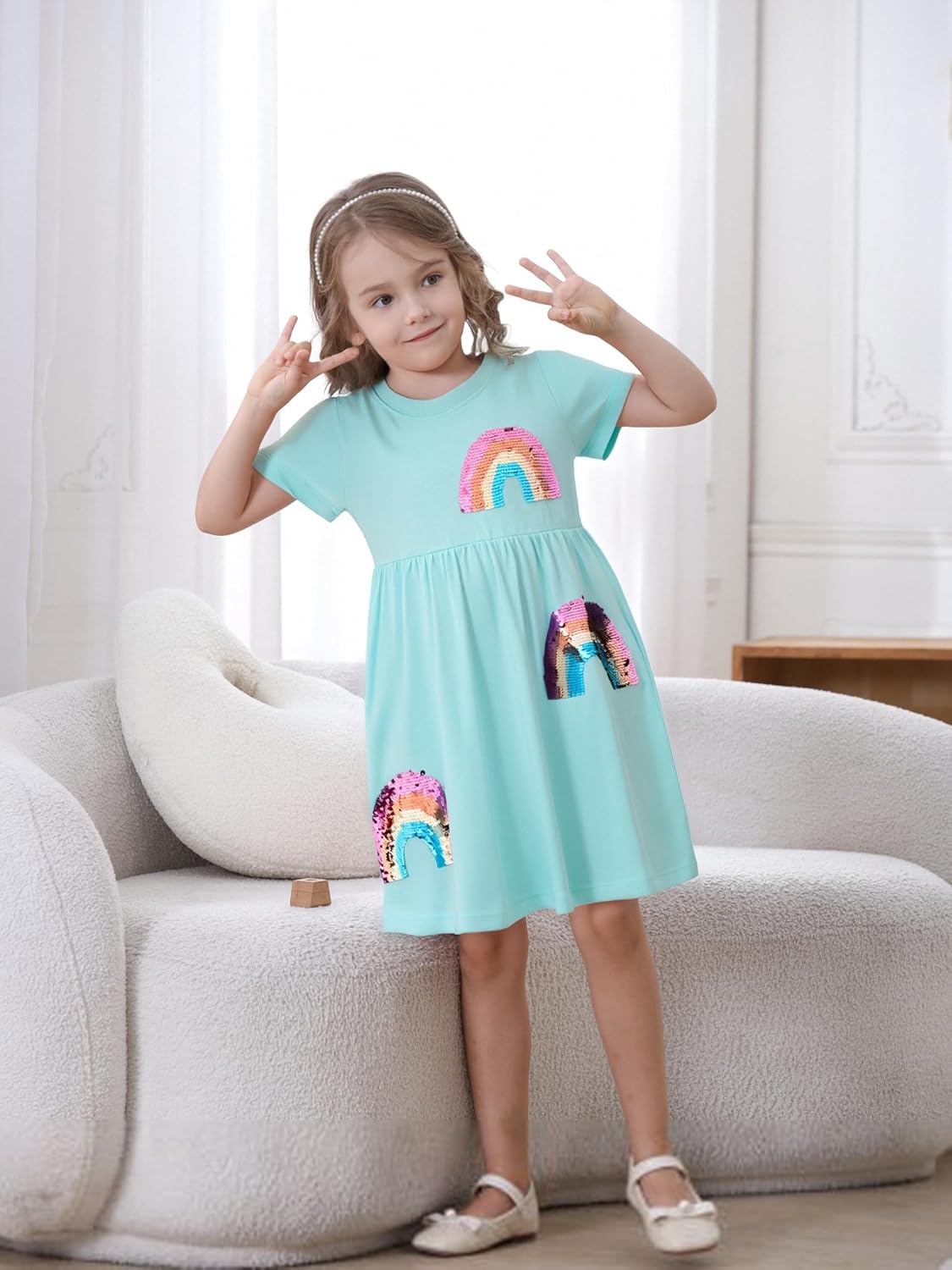 Hongshilian Toddler Girl Cotton Casual Dress Cartoon Appliques Short Sleeve Tunic Jersey Clothing 5T Rainbow & Sequin image 3 of 6 B0CRHC9P37