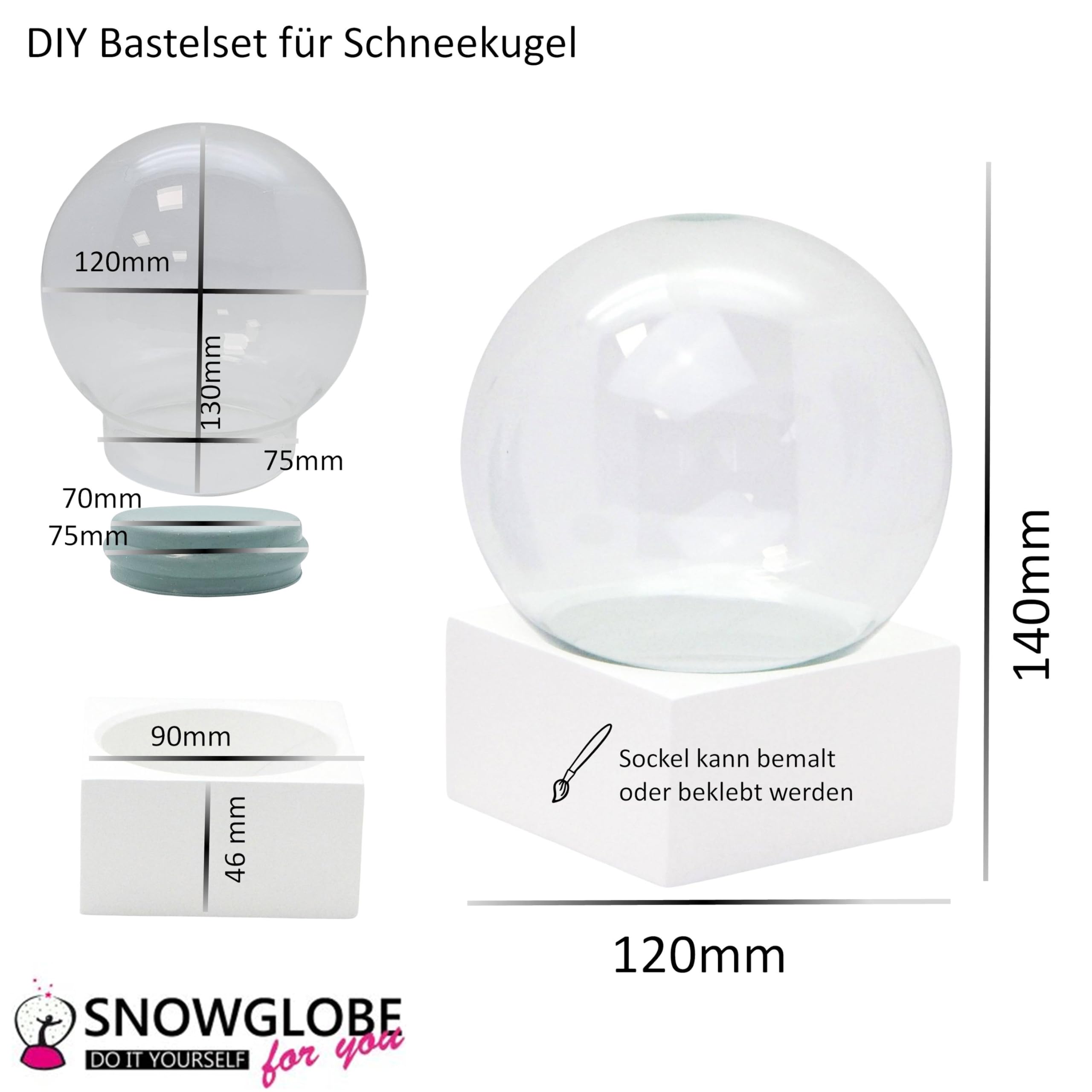 Juego de manualidades DIY Bola de nieve | Do it Yourself con bola de cristal y base de poliresina blanca cuadrada con 1 x nieve | 120 mm de diámetro – bola de agitación individual | Bola de purpurina