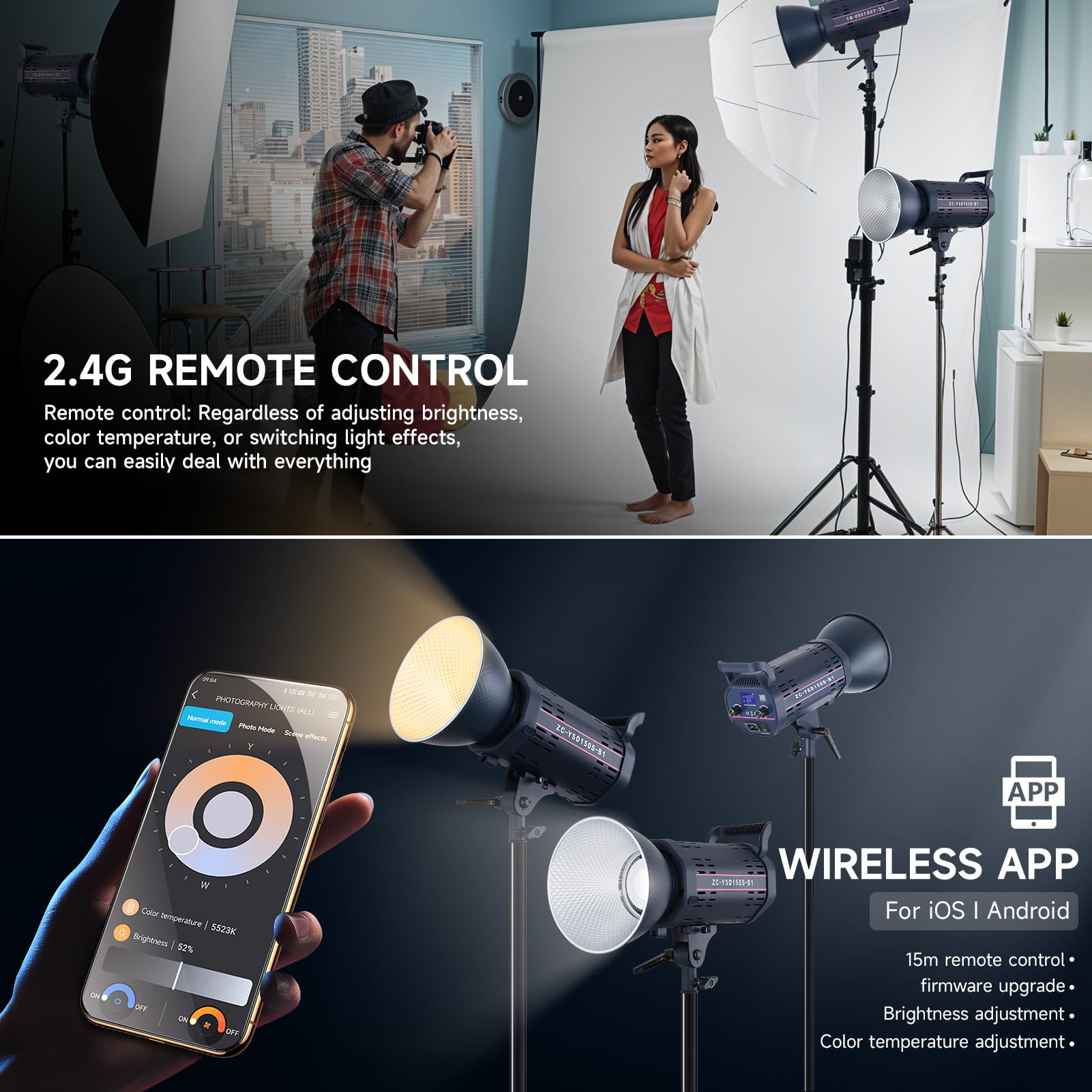 Luce video 150W LED con 2.4G & APP Control COB Bi Colore 2700K-6500K, ≥13000LM, CRI≥97, luce dello studio con illuminazione del suport di doppio potere per la fotografia, studio e video