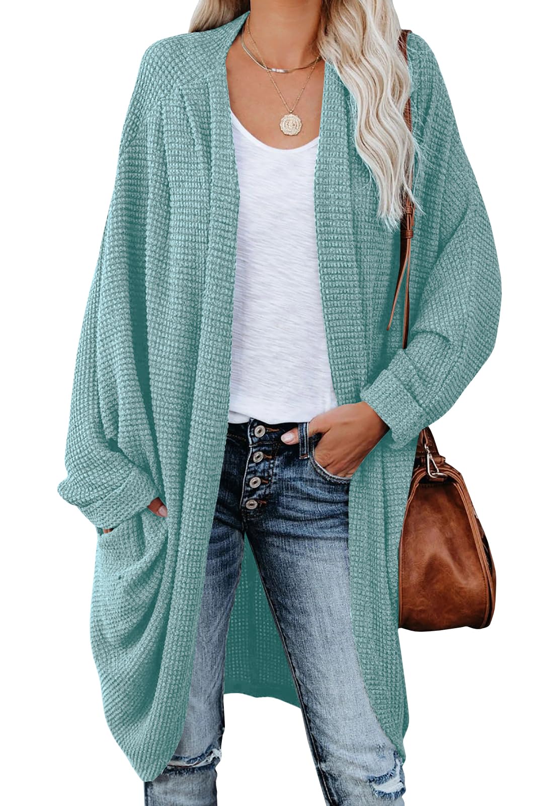 Photo 1 of ZoeAce Womens Open Front Knit Cardigan Long Batwing Sleeve Oversized Sweater Chunky Waffle Cable Boho Pockets Coat X-Large Cyan