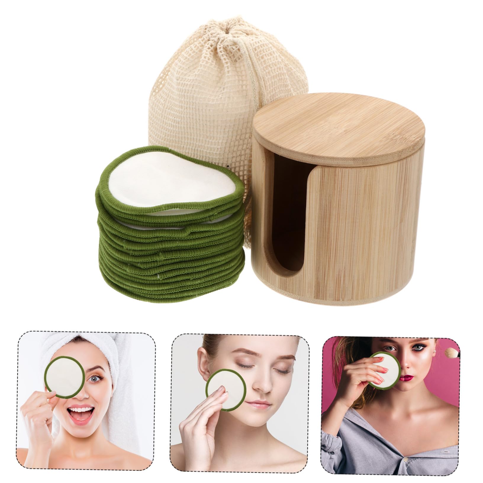 Wiederverwendbare Make Up Entferner Pads 1 Satz aus Bambusfaser | Grün, mit Aufbewahrungshalter und Tasche, für Haushalt und Camping, für Mädchen und Frauen