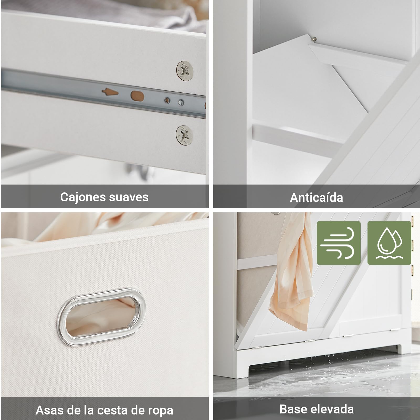 SoBuy Mueble Ropa Sucia con 2 Cestos Abatibles Y 2 Cajones, 78x38x90 Cm | 2 cestos abatibles extraíbles de 90 L y 2 cajones para separar la ropa sucia de toda la familia. Blanco. BZR33-II-W