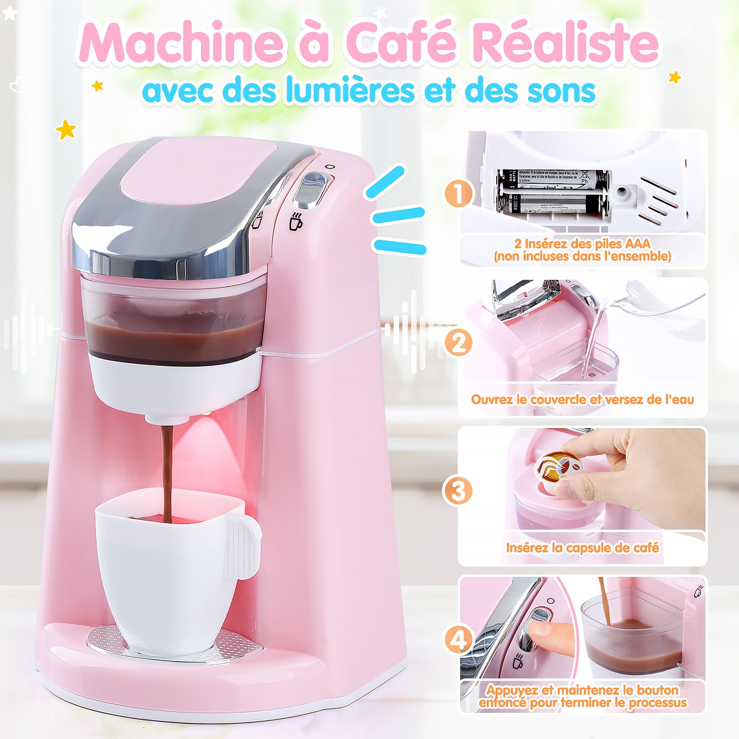 PLAY Accessoire Cuisine Enfant avec Cafetière, Mixer, Grille-Pain avec Llumière et Son Réalistes, Set de Ustensile Cuisine Cadeau pour Enfant 3+ Ans (Rose)