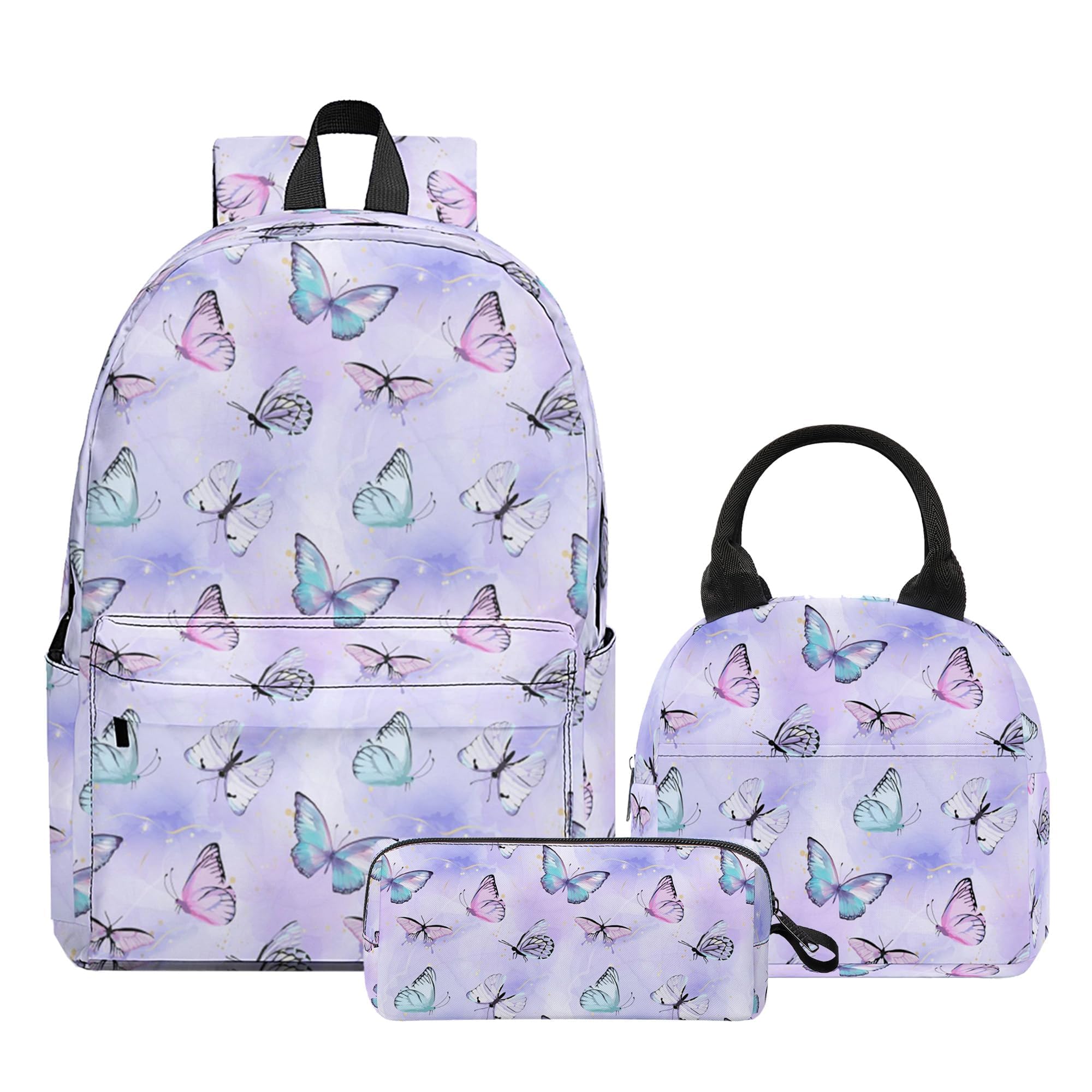 Butterfly Printed Backpack Set for Girls Kids 3Pcs Bookbag with Pencil Case for school 17 Inch Lightweight Laptop