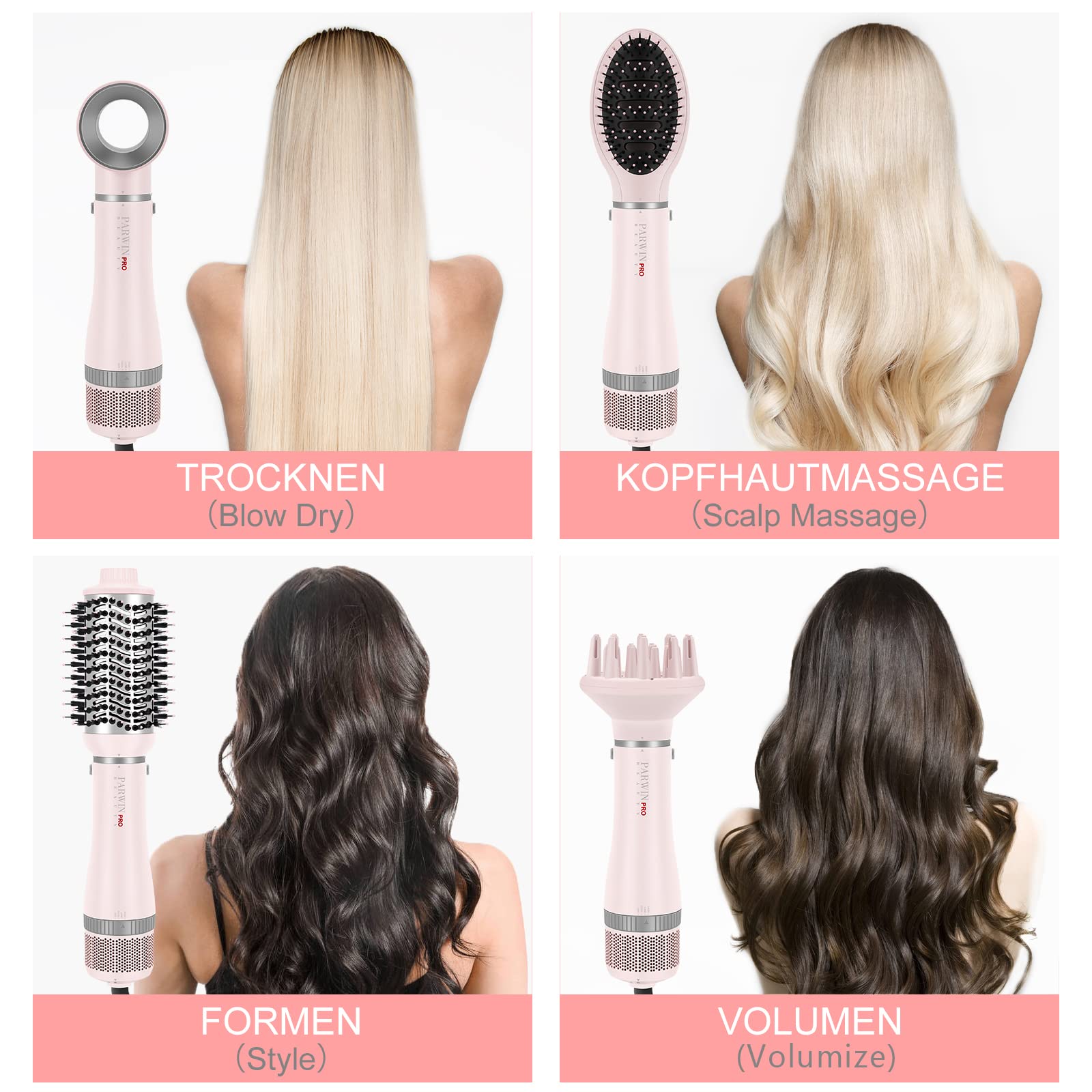 4 IN 1 Haartrockner Warmluftbürste Set, PARWIN PRO BEAUTY Styler-Set, Föhnbürste Lockenbürste mit 4 Aufsätze zum Trocknen, Glätten, Volumen und Stylen, Ionen Pflege, Geschenke machen(Rosa)