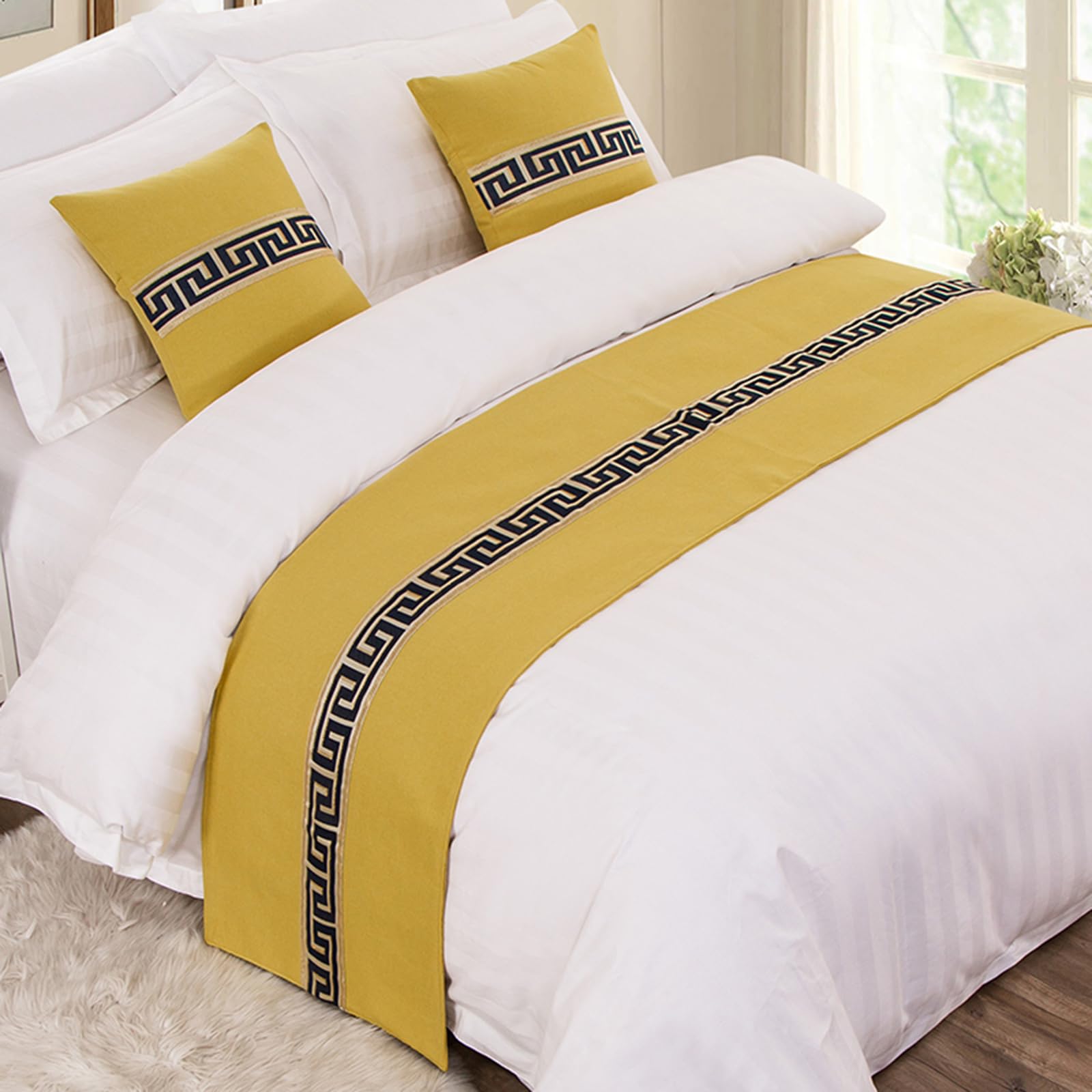 QRGMKL Graphic Print Bed Runners King Size, Luxury Bed Scarf Double Bedspread for Bedroom Hotel Home Decoration-Yellow||240X50cm for 1.8m Bed