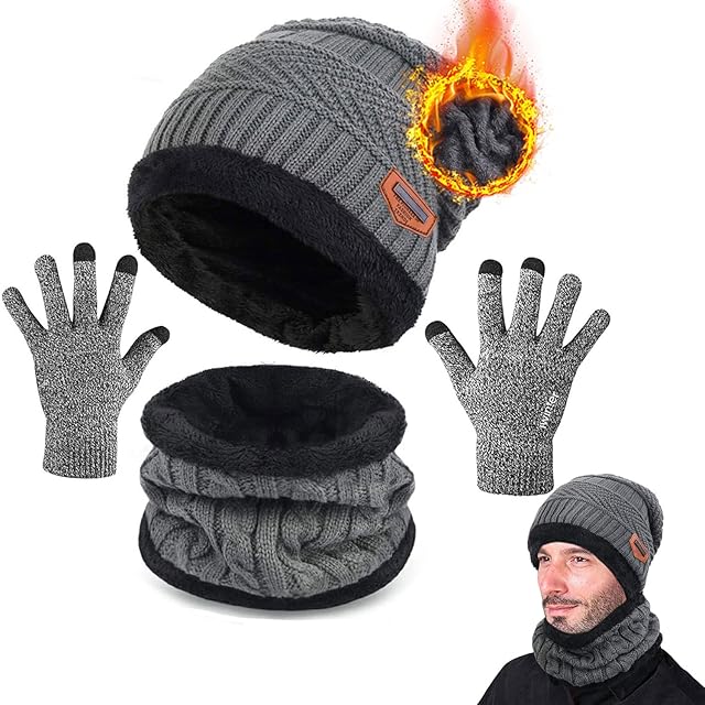 CheChury Unisex Hat Scarf and Gloves Set Knitted Warm Skiing Beanie Hat Circle Scarf and Touchscreen Gloves for Winter Outdoor Sports