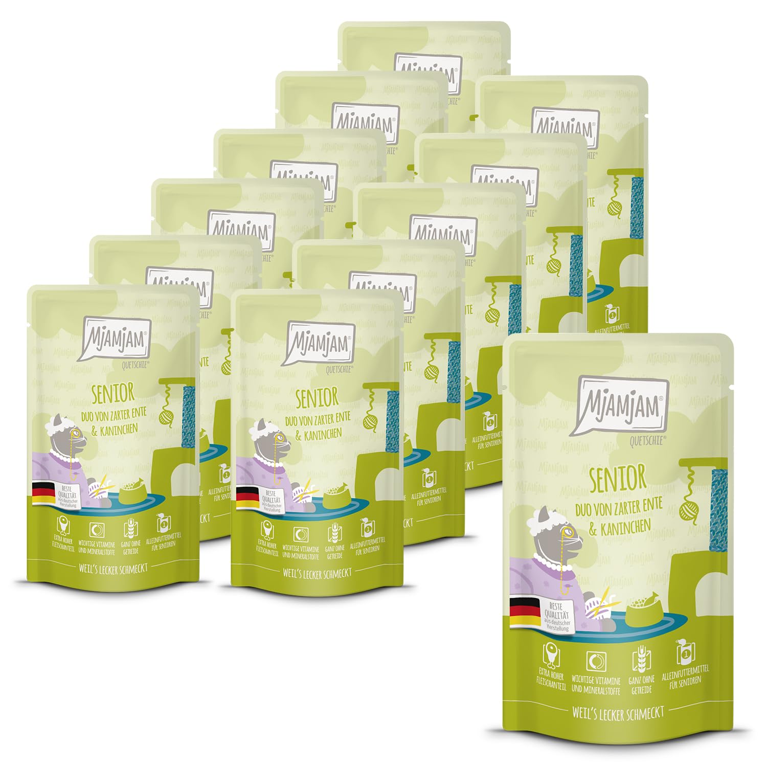 MjAMjAM - Premium Nassfutter für Katzen - Quetschie - Senior - DUO von zarter Ente & Kaninchen, 12er Pack (12x125g), getreidefrei