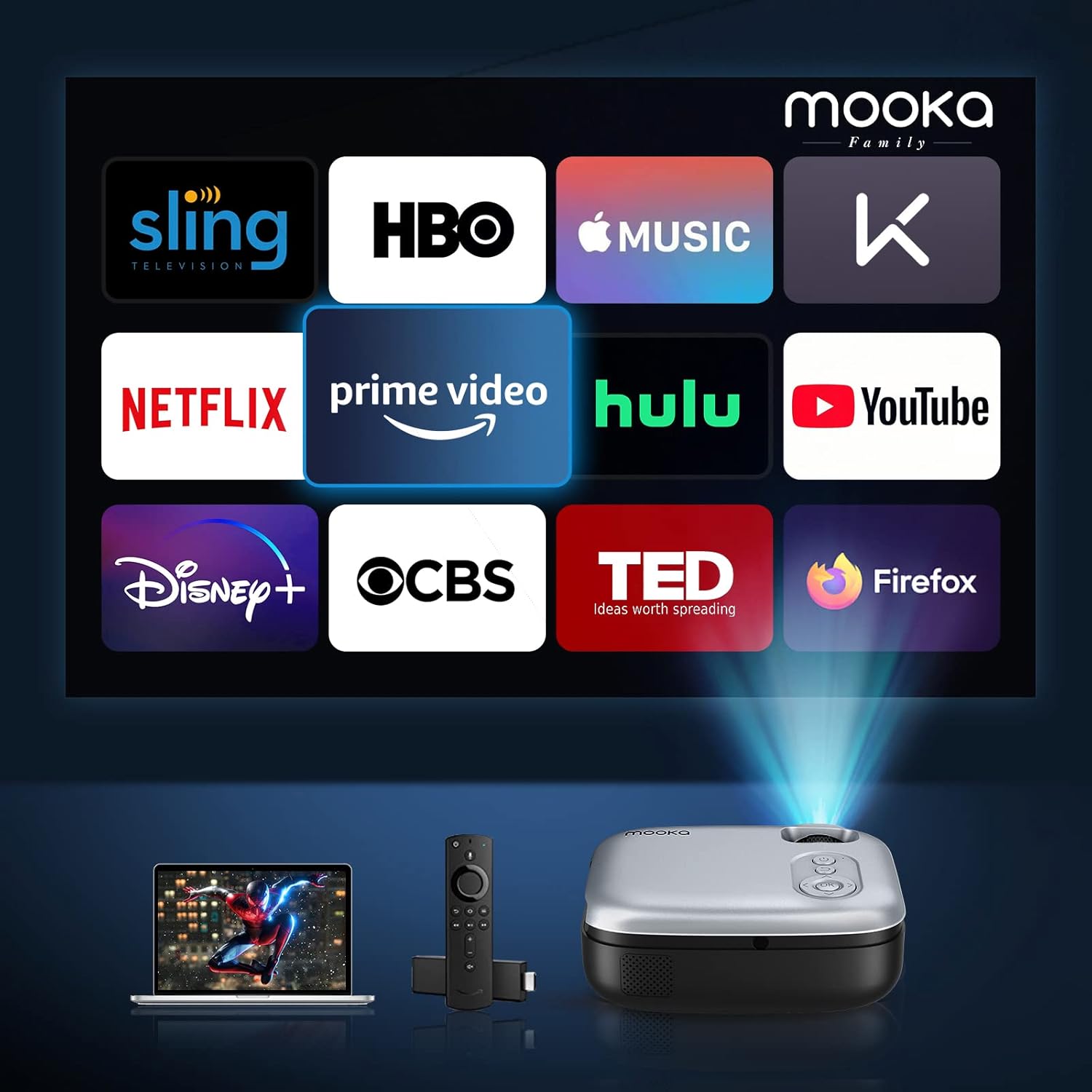 Outdoor Projector with WiFi, 1080P Full HD and 200" Supported Portable Projector 8000L Movie Projector Home Theater Compatible with TV Stick HDMI USB AV Smartphone Laptops Grey