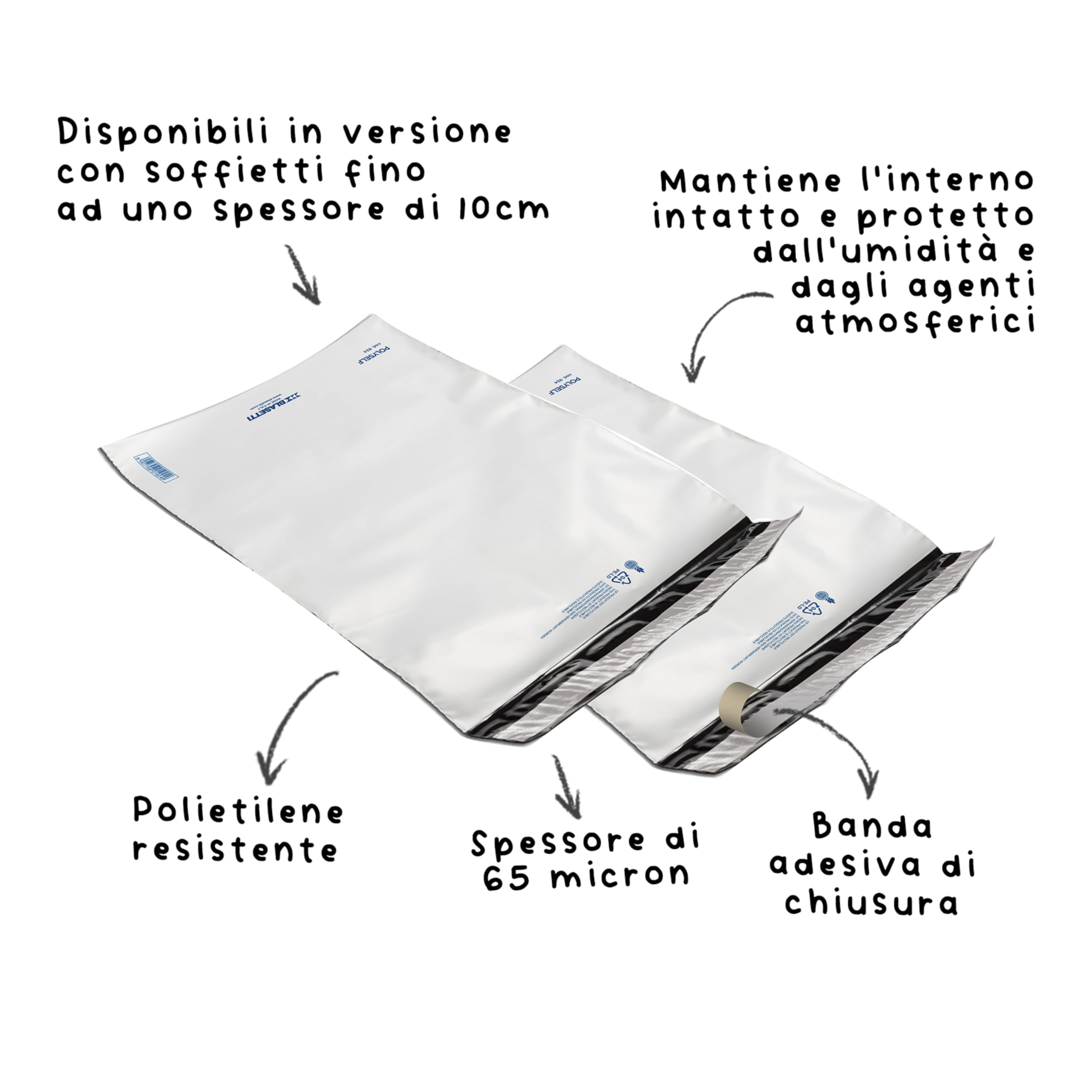 BLASETTI - 100 Sacchetti per Spedizione in Plastica POLYSELF - Formato: 52x55 cm, Materiale Polietilene Bianco. Antistrappo con Chiusura Adesiva, Buste Flyer Riciclabili per Corrieri e Spedizioni