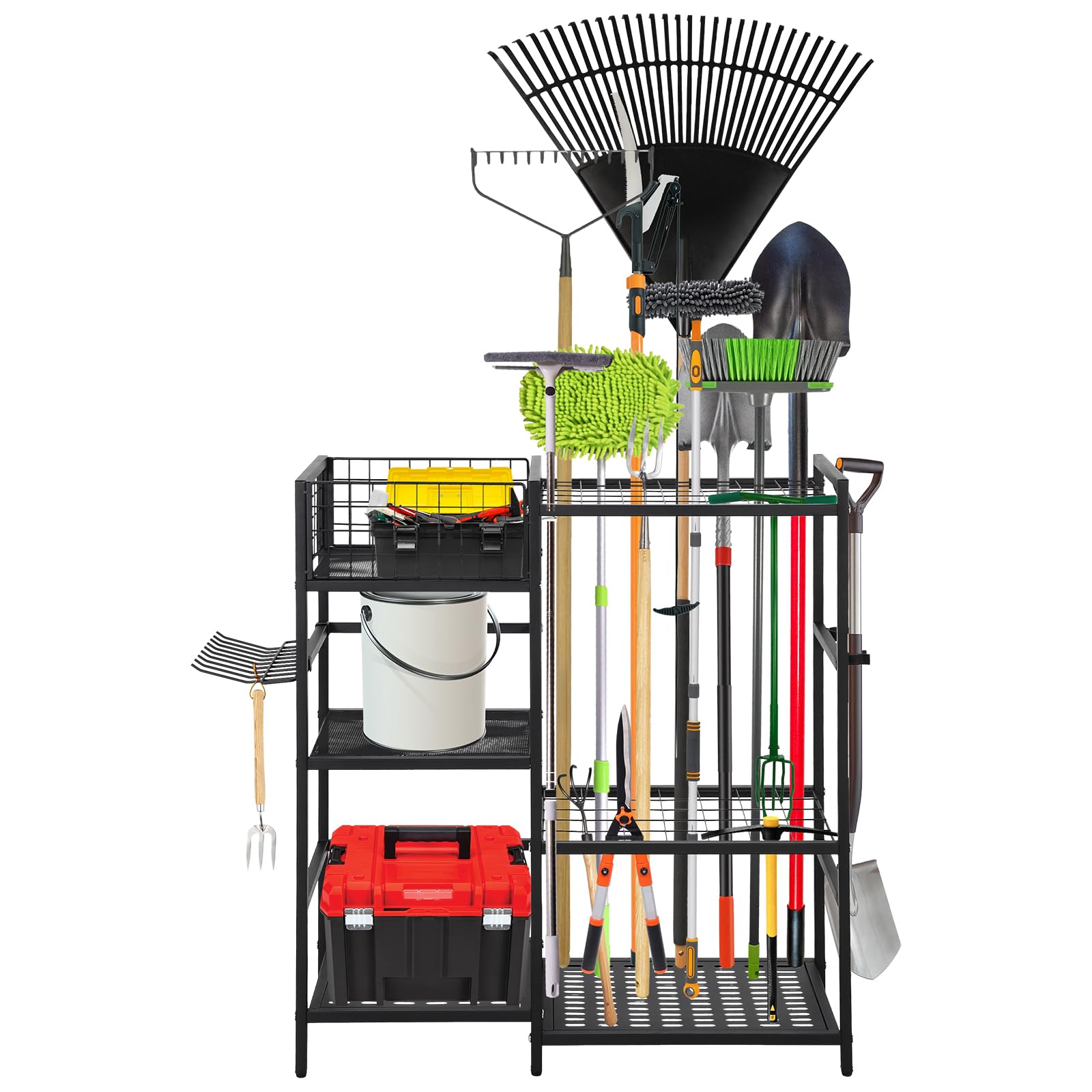 Garvee Organizador de herramientas de jardín y garaje, estantería metálica resistente de 3 niveles con cesta, 6 soportes y 35 ranuras para mangos largos, independiente