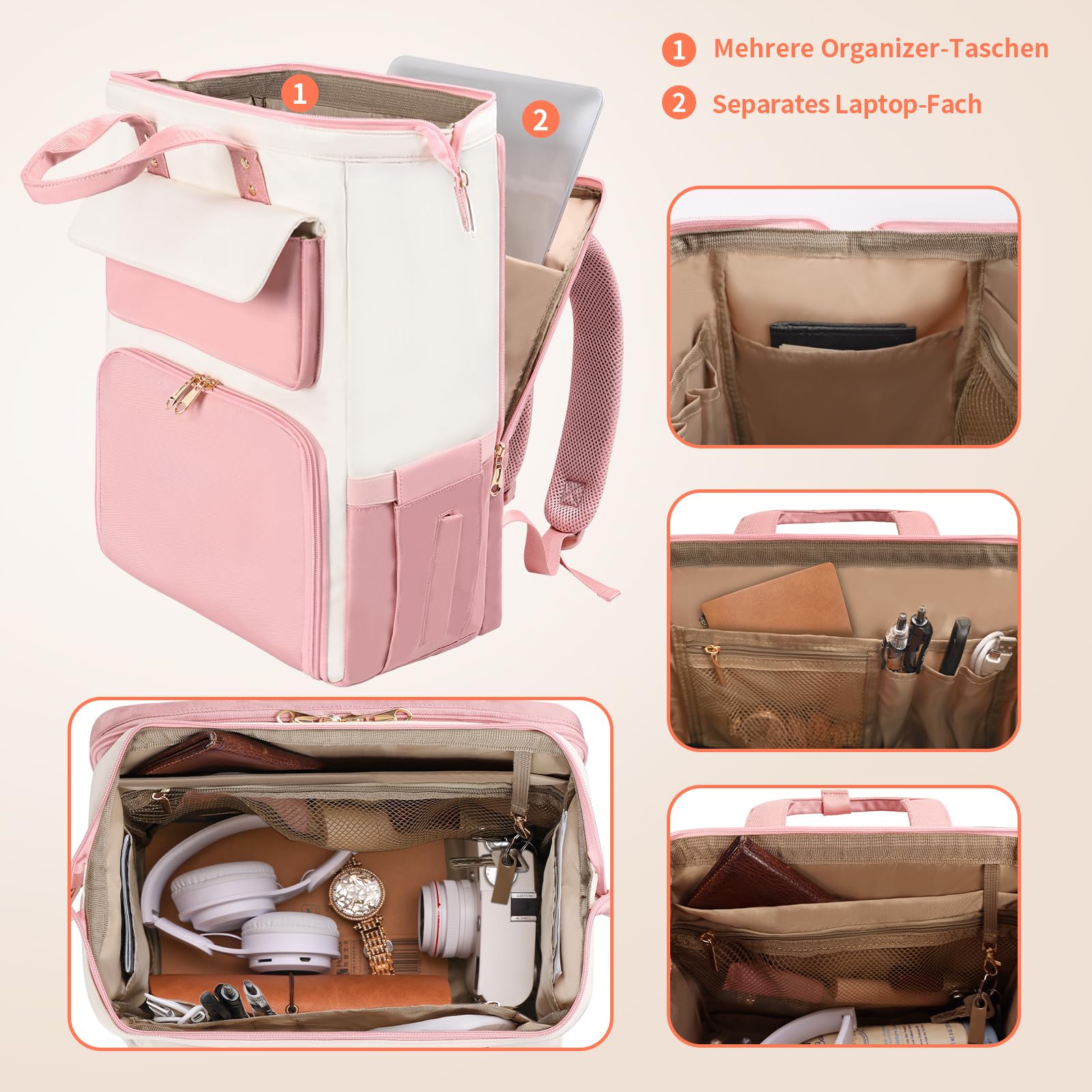 BERTASCHE Zaino per il pranzo, per laptop da donna da 15,6 pollici, con borsa termica isolata, zaino da lavoro 2 in 1, per donne, lavoro, lavoro, viaggi, insegnanti, scuola, università, Rosa/Beige