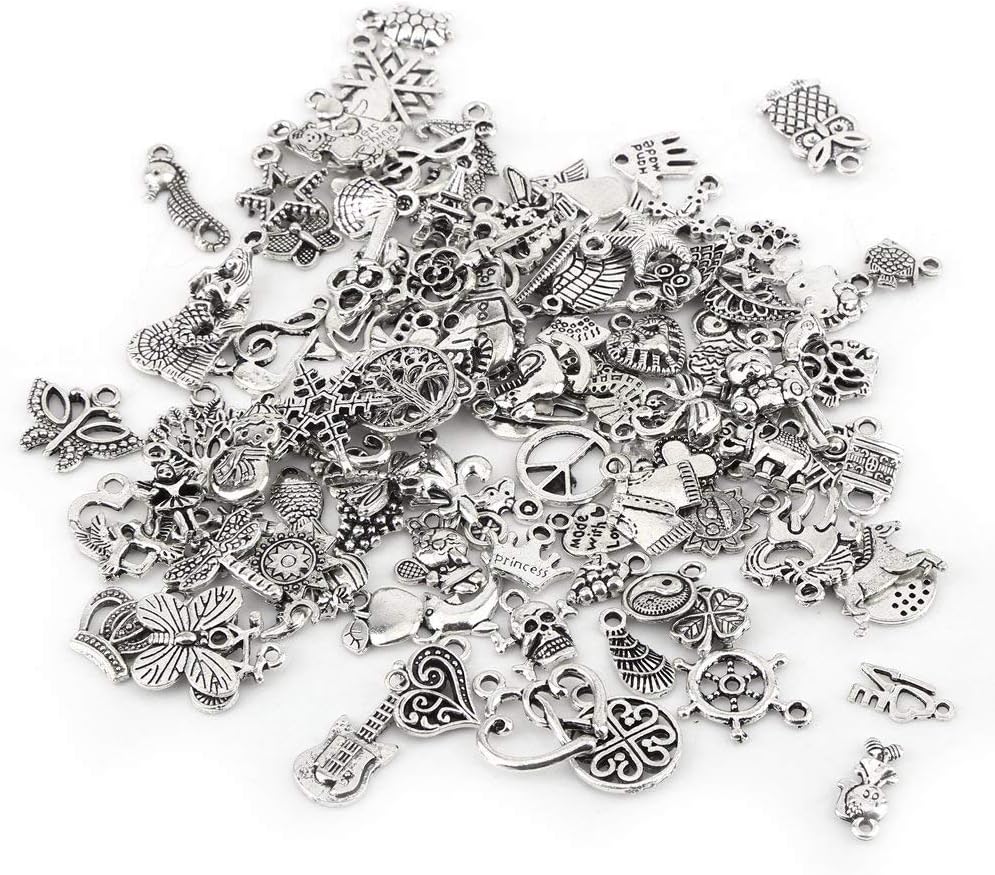 100PCS Tibetan Silver Charms Mixed Patterns Small Pendants Bulk Accessories Parts for DIY Jewelry Making Necklace Bracelet Craft Supplies