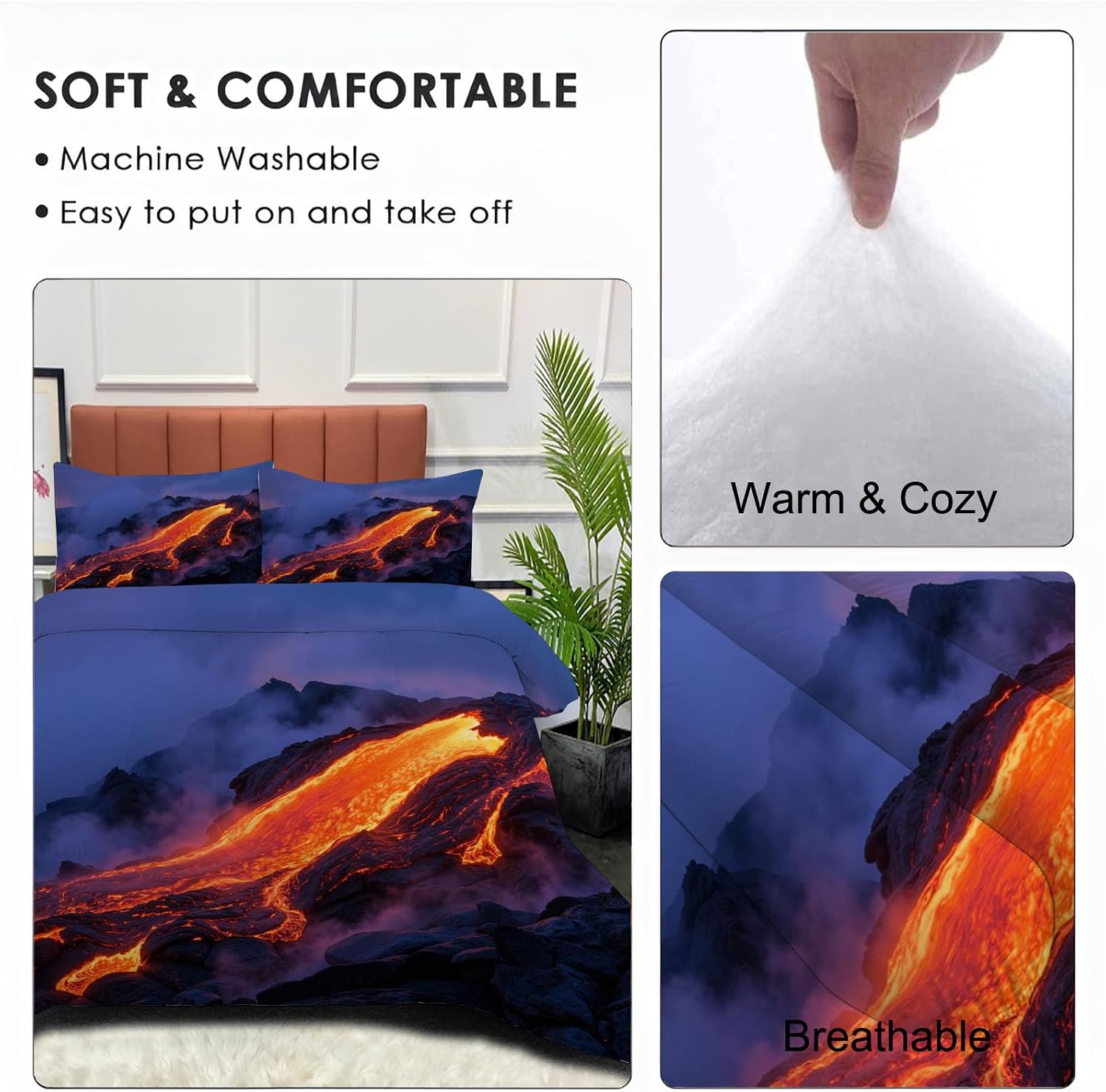 Realistic Fantasy Landscape Comforter Set Twin Size, Volcanic Lava Bedding Set for Girls Boys, Dark Blue Quilt Bed 68"X90" Bedding Comforter Sets with 2 Pillowcase Room Decor