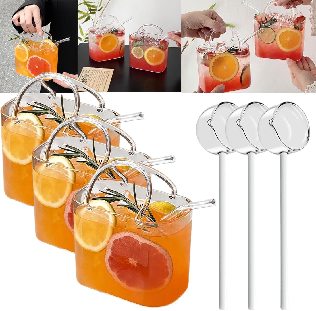 Purse Drinking Glass with Straw, 26oz Handbag Glass Cup, Cute Aesthetic Vase for Juice, Tea & Flowers, Unique Decorative Room Decor Gift (3PCS)
