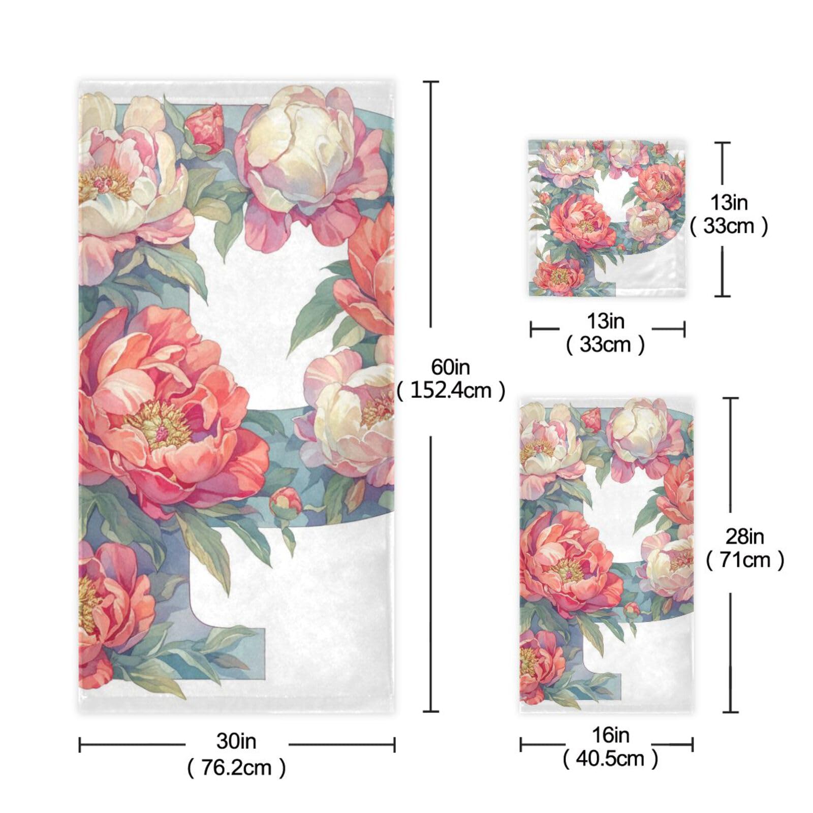 Floralmorphic - Set di 3 asciugamani per la pulizia del viso con lettera P e peonia rossa, stile acquerello, 1 asciugamano da bagno, 1 asciugamano per viso, corpo e bagno