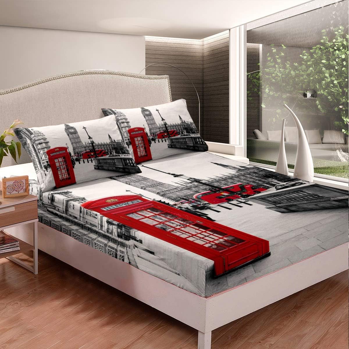 TbrandBig Ben Bed Sheet Set Red Phone Booth London Street Bed Sheets for Kids Boys Girls Adults British Cityscape Bedding Set Western Building Fitted Sheet Bedroom Collection 3Pcs King Size