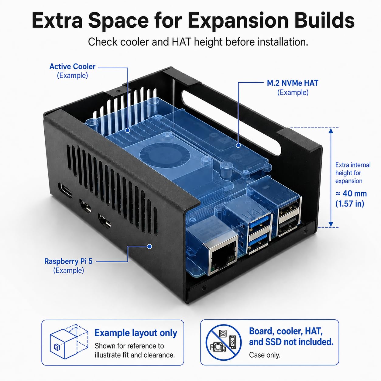 Custodia in metallo per Raspberry Pi 5, supporto Pi 5 Active Cooler, spazio per cappelli, schede aggiuntive, refrigeratore e cappelli NVMe (nero)