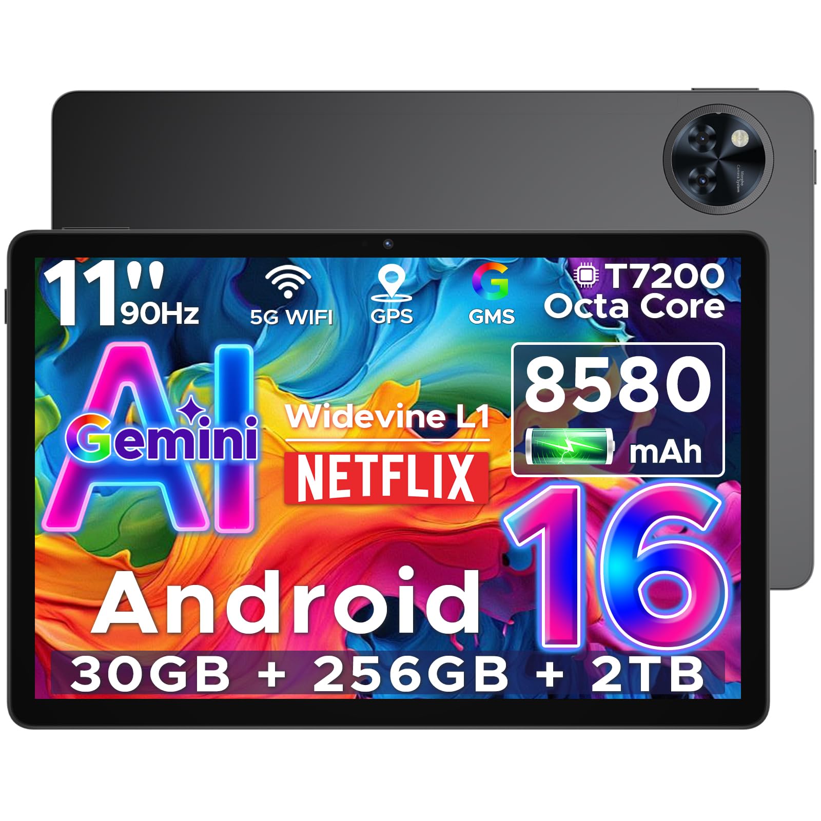 U11 Pro Tablet 11 Pulgadas, 30GB RAM+256GB ROM+2TB TF, 8580mAh Tableta, Unisoc T7200 Octa-Core Tablet Android 16, 90Hz HD, Gemini AI, Widevine L1, Cámara 13MP/5G WiFi/3.5mm Audio/GPS