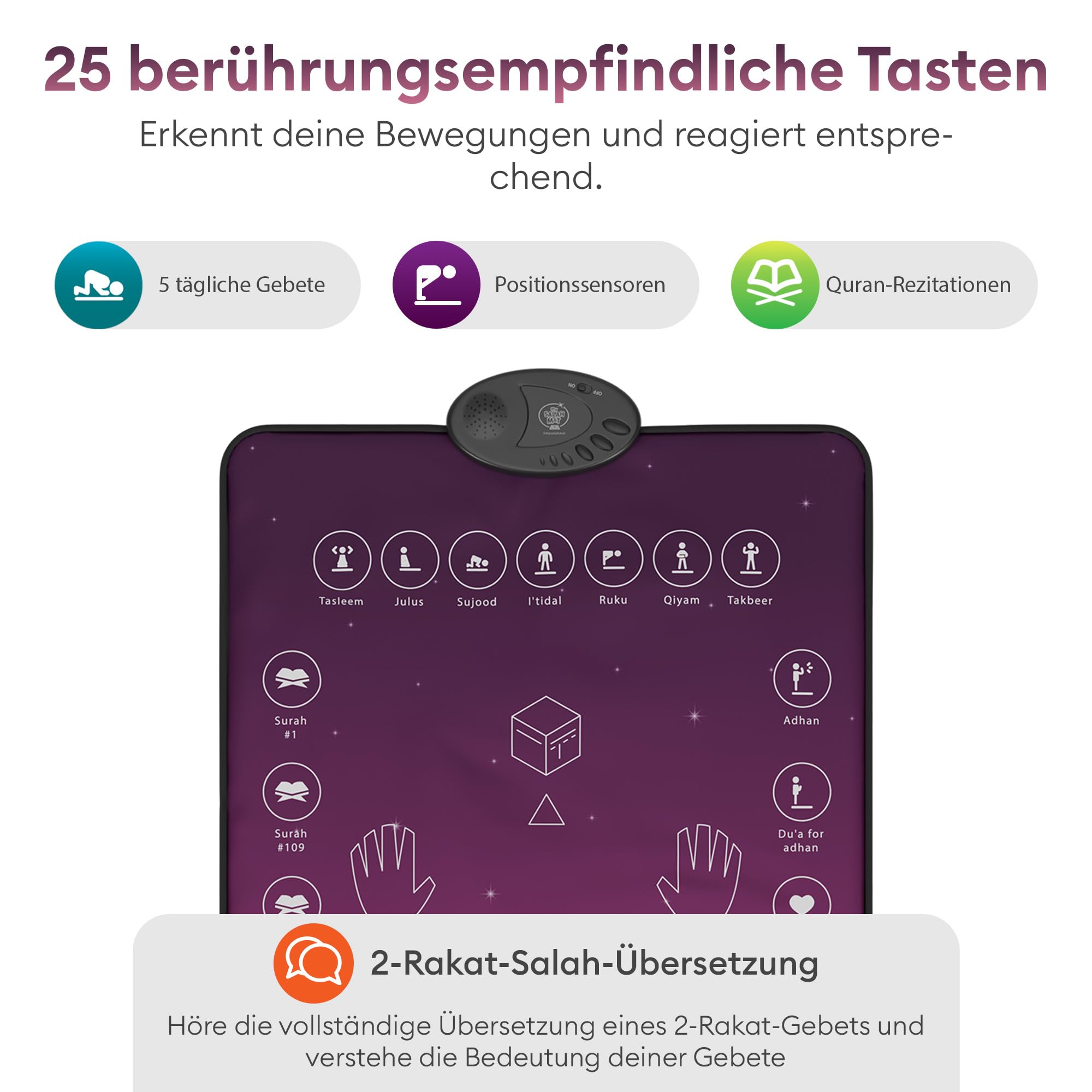 My Salah Mat für Erwachsene – Pinker Smart Gebetsteppich Elektronisch Erwachsene zum Lernen von Suren Salah Duas – Tragbarer Gebetsteppich für Männer mit 25 Tasten & Polsterung ab 8 Jahren