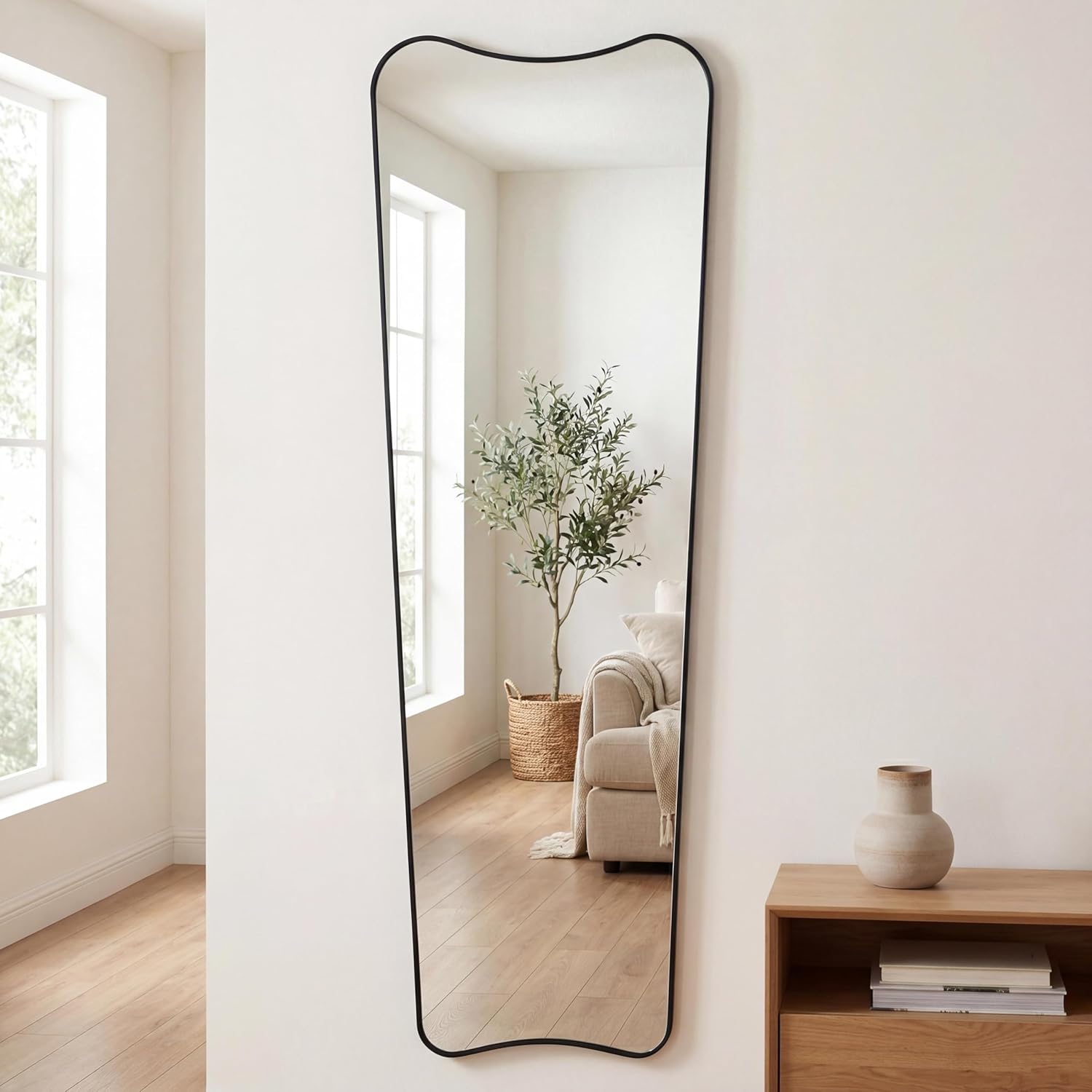 JONATHAN Y Alfie 20" x 59" Black Irregular Wavy Metal Framed Full Length Floor Mirror, Wall Mounted or Leaning Decorative Dressing Design for Bedroom and Entryway MIR201A