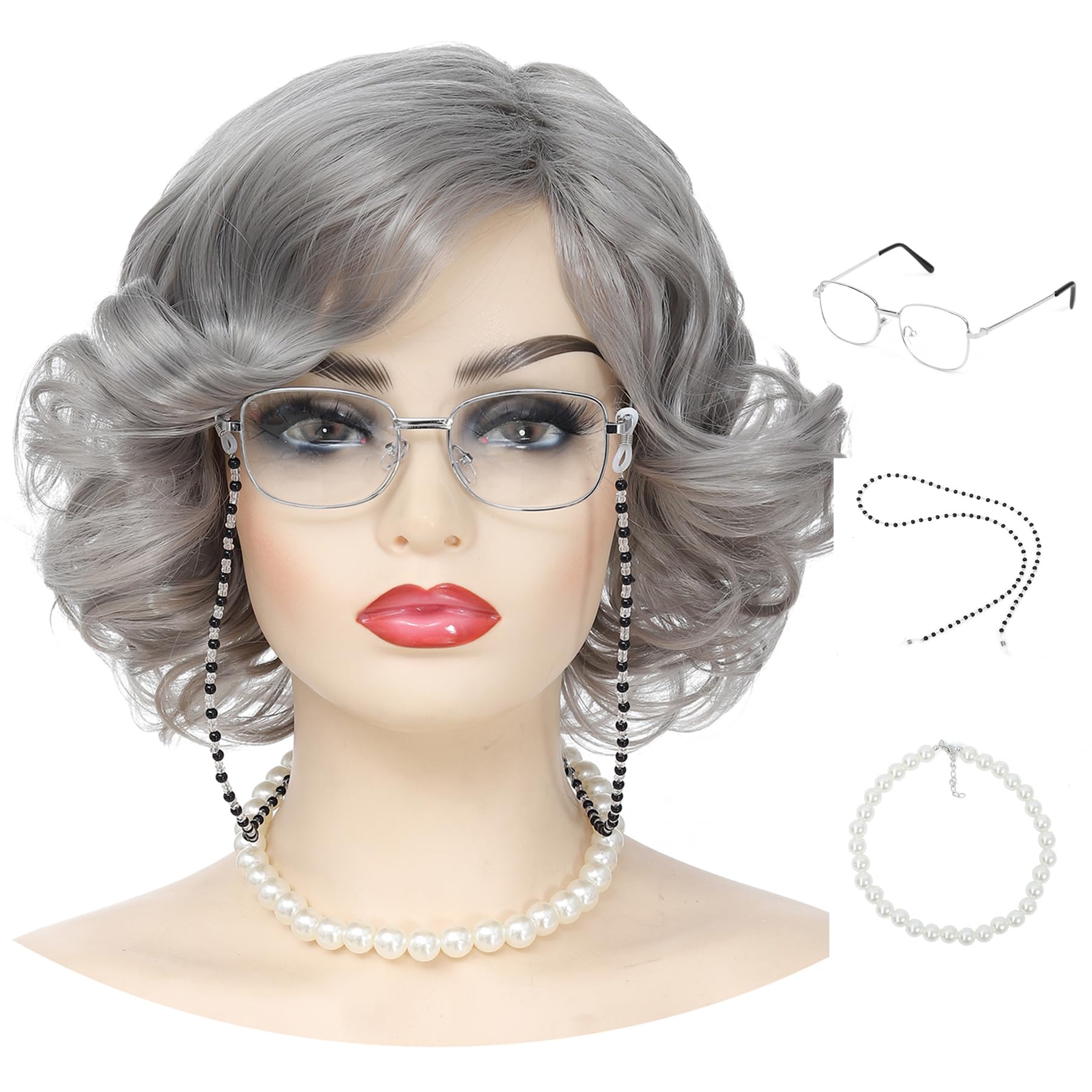 Old Lady Wig, Easy Apply Granny-Themed Short Curly Wig, Gray Short Wavy Glueless Wigs with Accessories - Silver Grey Grandma Costume Wig for Women, Granny Wigs, Old Person Wig