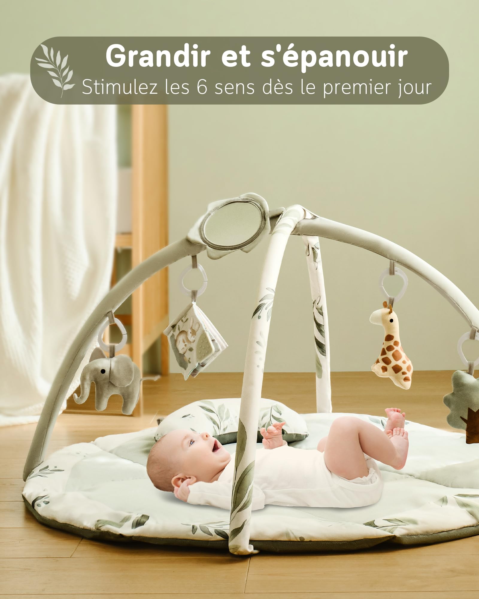 Tapis d'éveil Bébé avec Arche amovible et 5 Jouets d'activité, Thème Naturel, Fortella, Vert, pour Nouveau-né 0-12 Mois