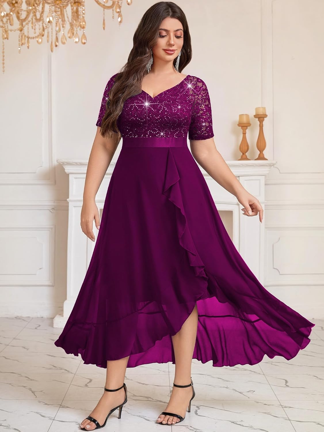 Knitee Women's Plus Size Sequin Lace Sweetheart Neck Ruffled Hemline Formal Evening Maxi Dresses - Image 3