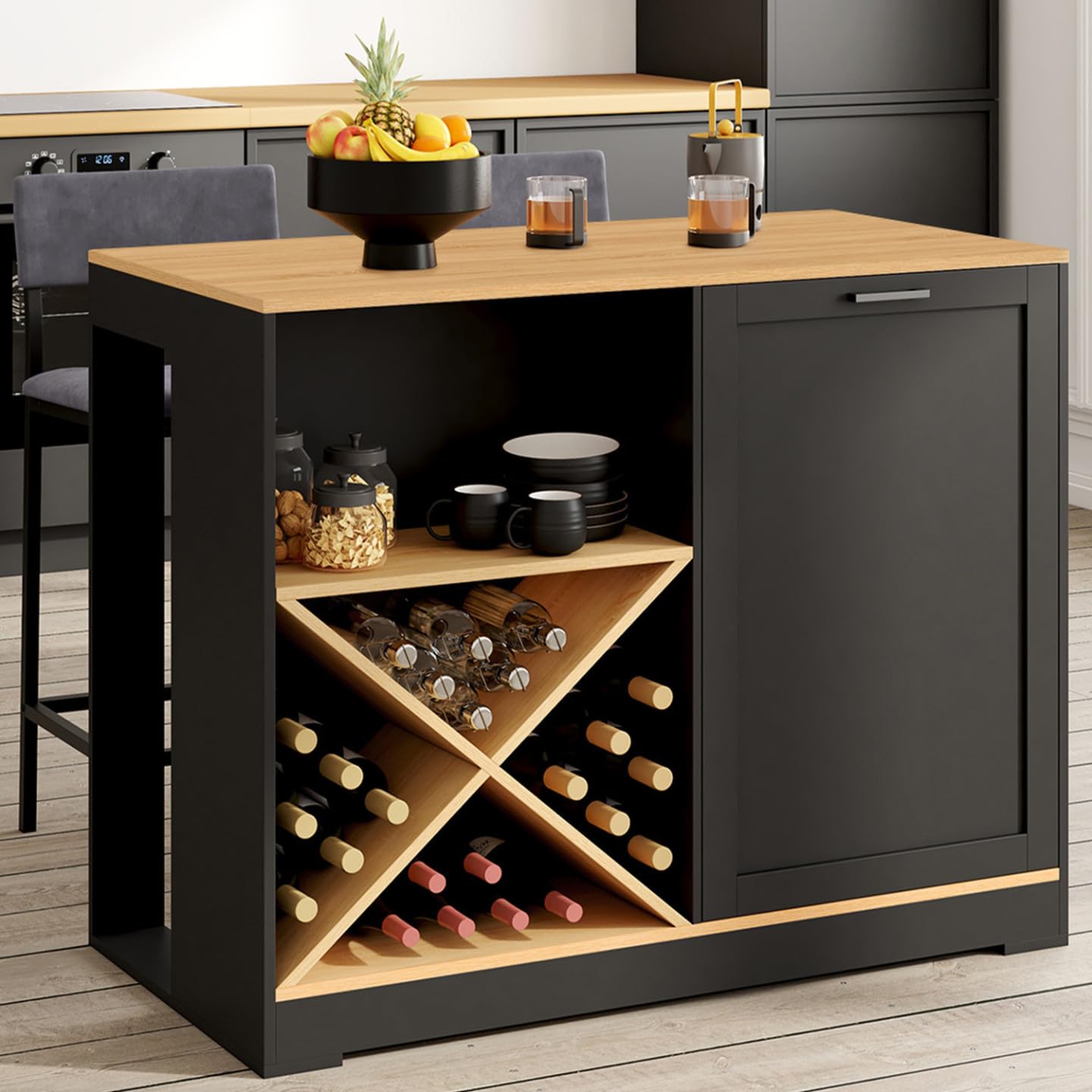 IDMarket - Table de Bar îlot VITO 113 cm avec Range Bouteilles Bois Noir et Plateau façon hêtre