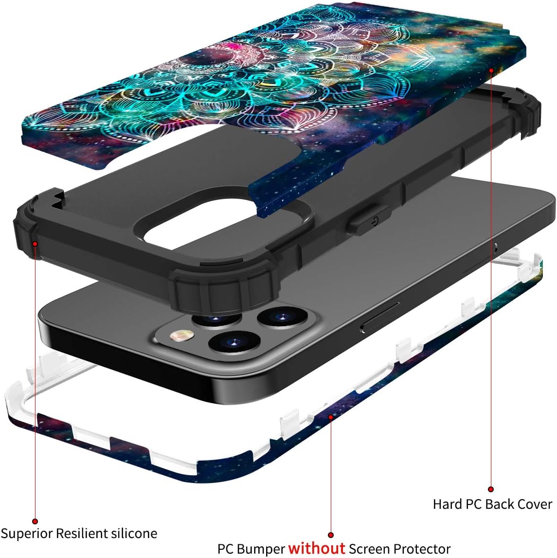 Hocase Compatible with iPhone 12 Pro Max Case, Heavy Duty Shockproof Hard Plastic+Soft Silicone Rubber Bumpers Hybrid Protective Case for iPhone 12 Pro Max (6.7-inch) 2020 - Mandala in Galaxy